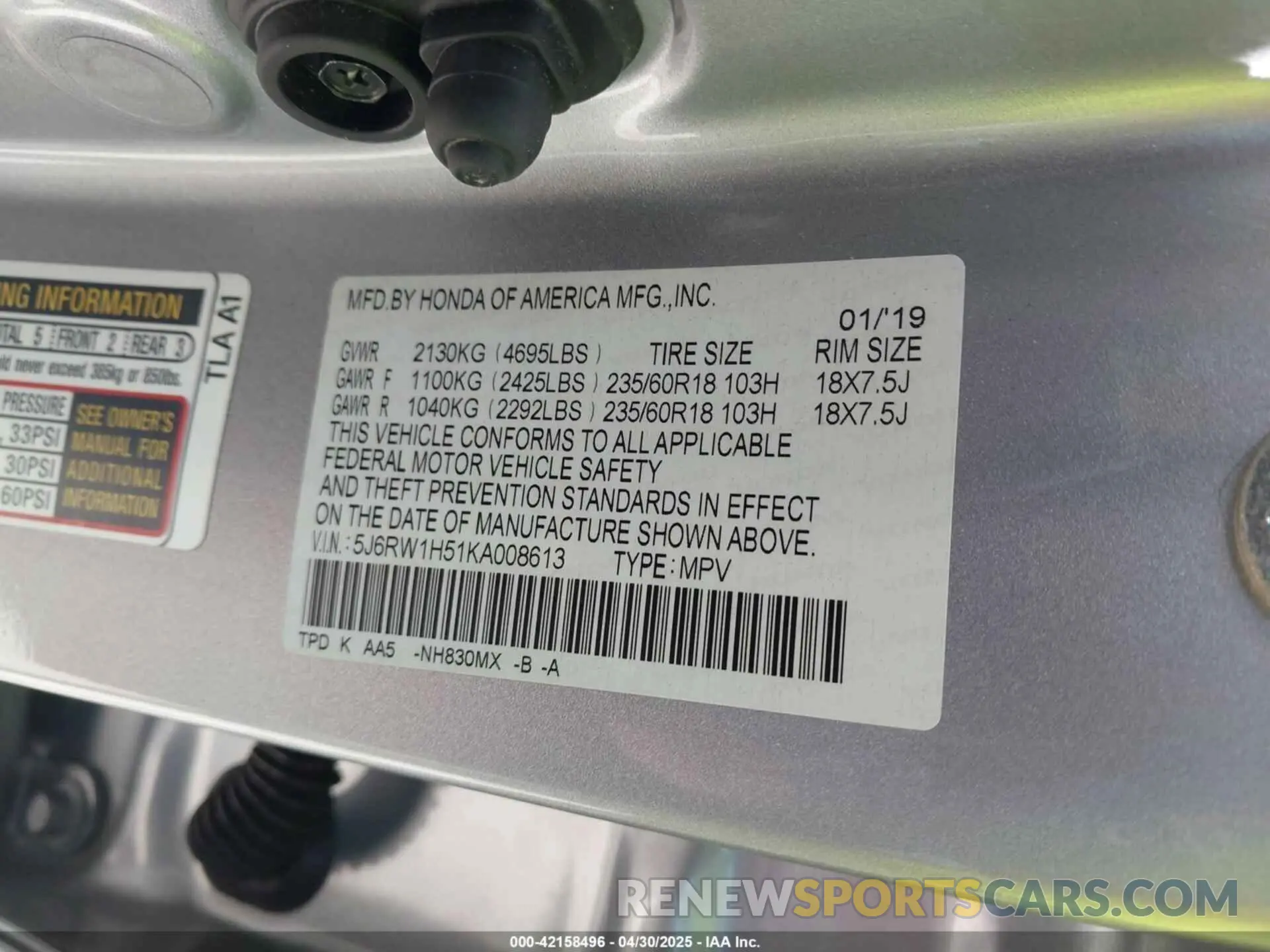 9 fotografías del automóvil dañado 5J6RW1H51KA008613 HONDA CR-V 2019