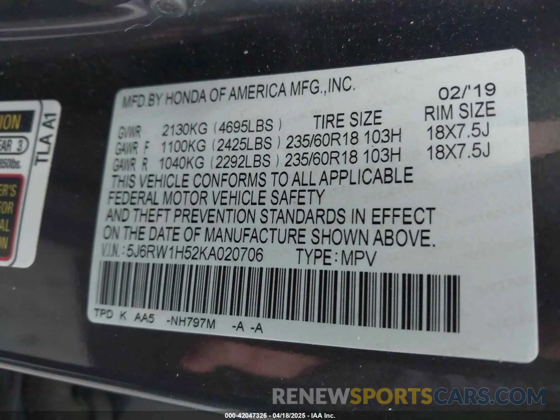 9 fotografías del automóvil dañado 5J6RW1H52KA020706 HONDA CR-V 2019