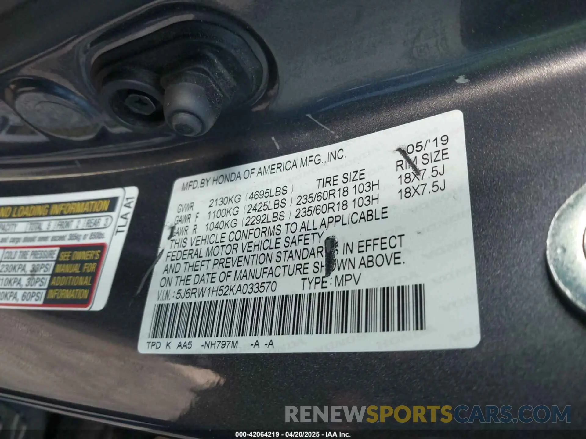 9 fotografías del automóvil dañado 5J6RW1H52KA033570 HONDA CR-V 2019