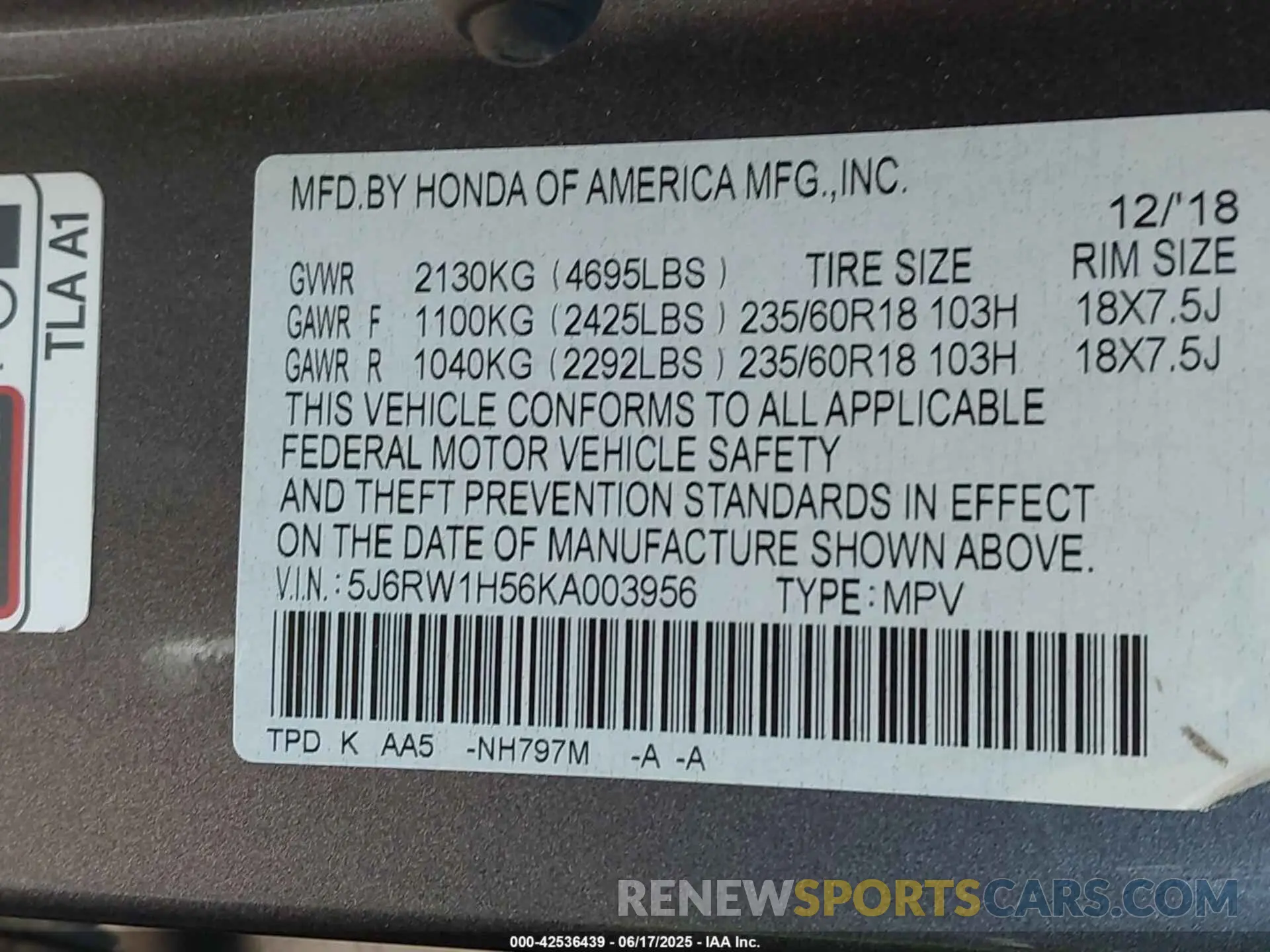 9 fotografías del automóvil dañado 5J6RW1H56KA003956 HONDA CR-V 2019