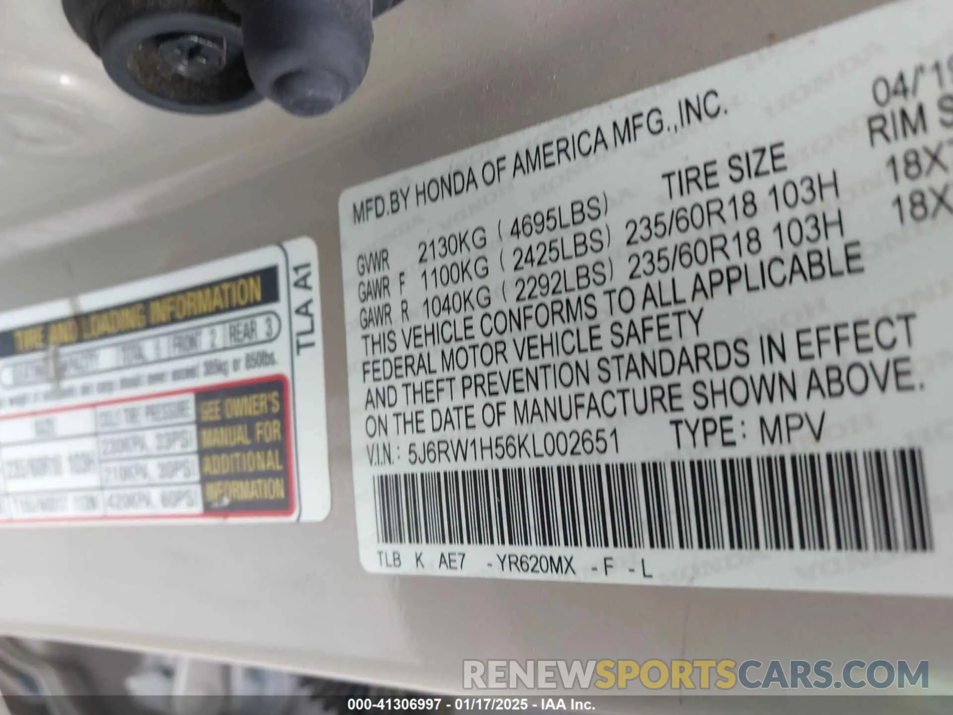 9 fotografías del automóvil dañado 5J6RW1H56KL002651 HONDA CR-V 2019
