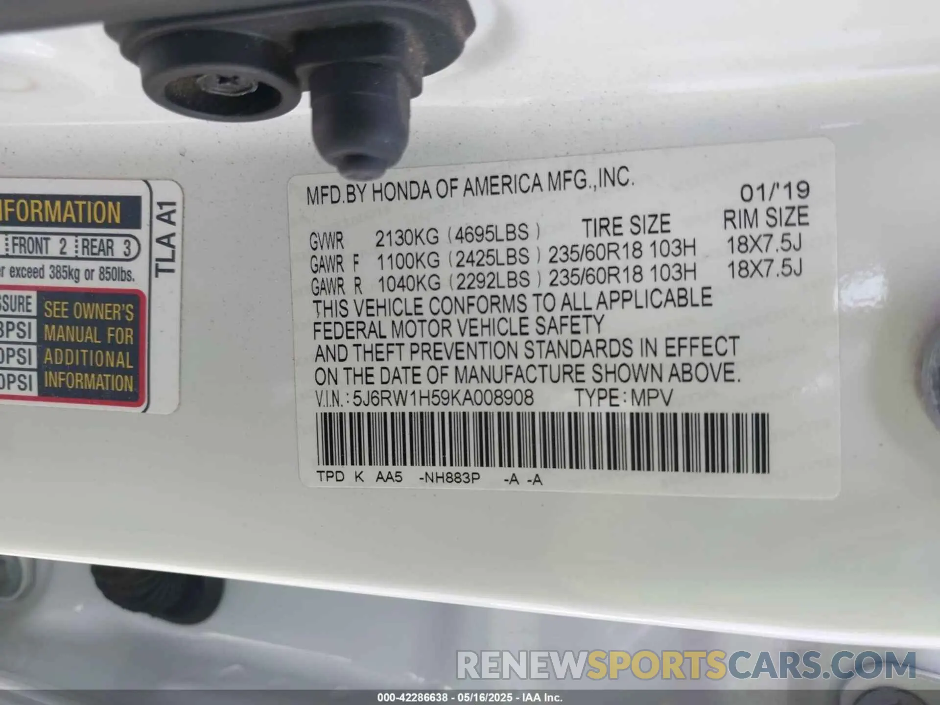9 fotografías del automóvil dañado 5J6RW1H59KA008908 HONDA CR-V 2019