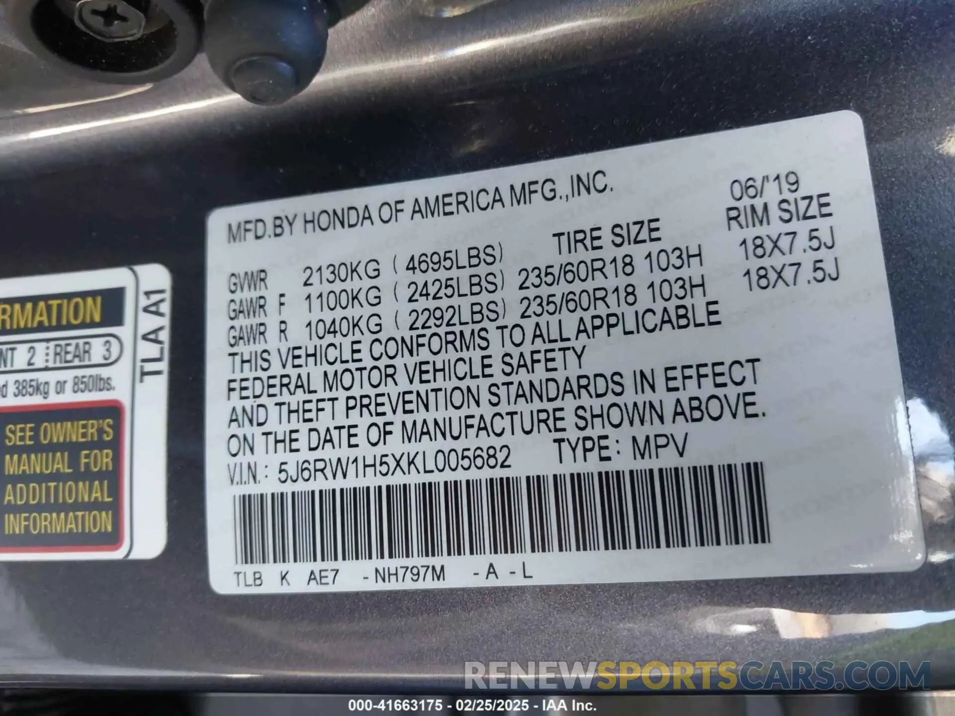 9 fotografías del automóvil dañado 5J6RW1H5XKL005682 HONDA CR-V 2019