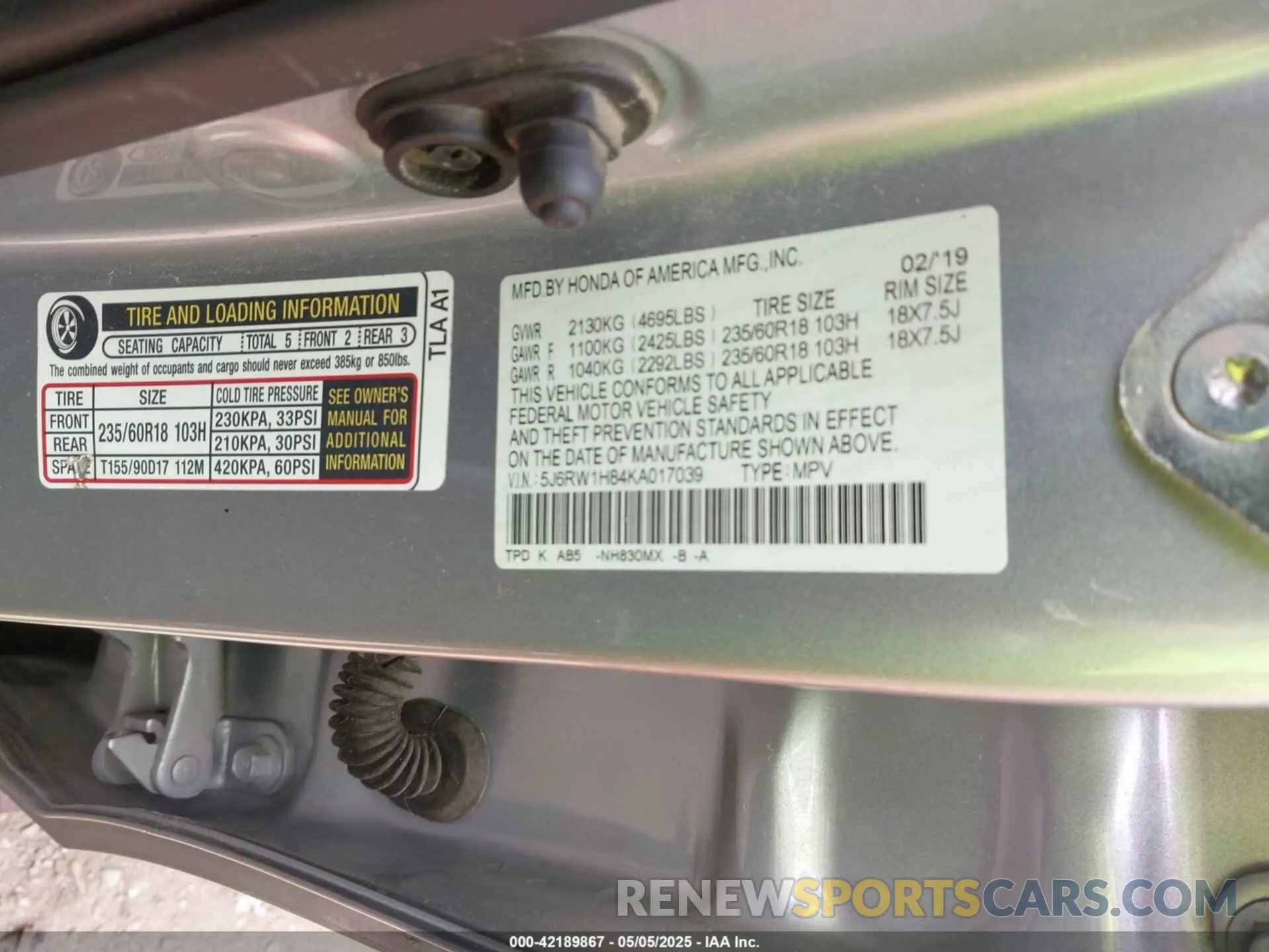 9 fotografías del automóvil dañado 5J6RW1H84KA017039 HONDA CR-V 2019