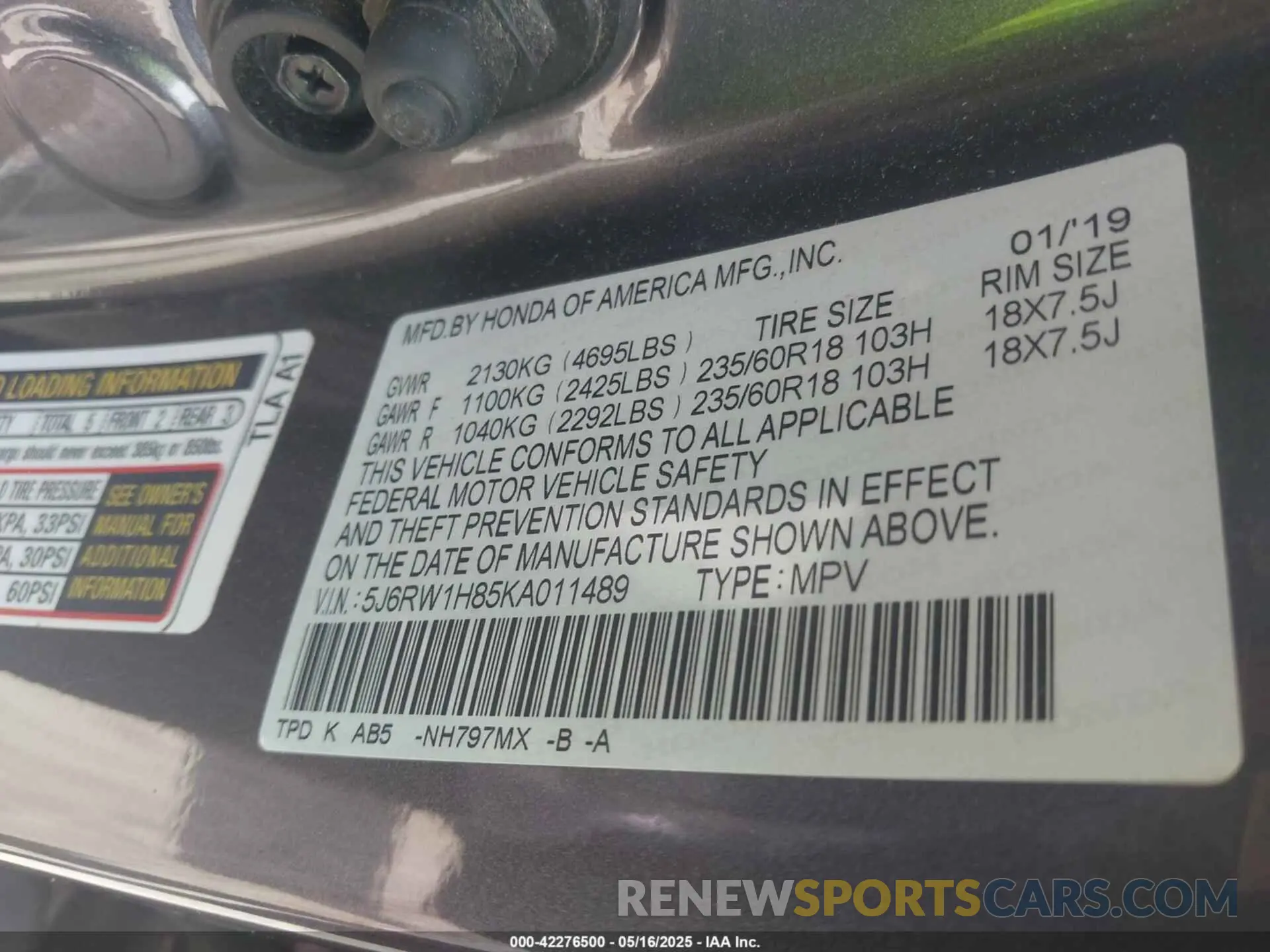 9 fotografías del automóvil dañado 5J6RW1H85KA011489 HONDA CR-V 2019