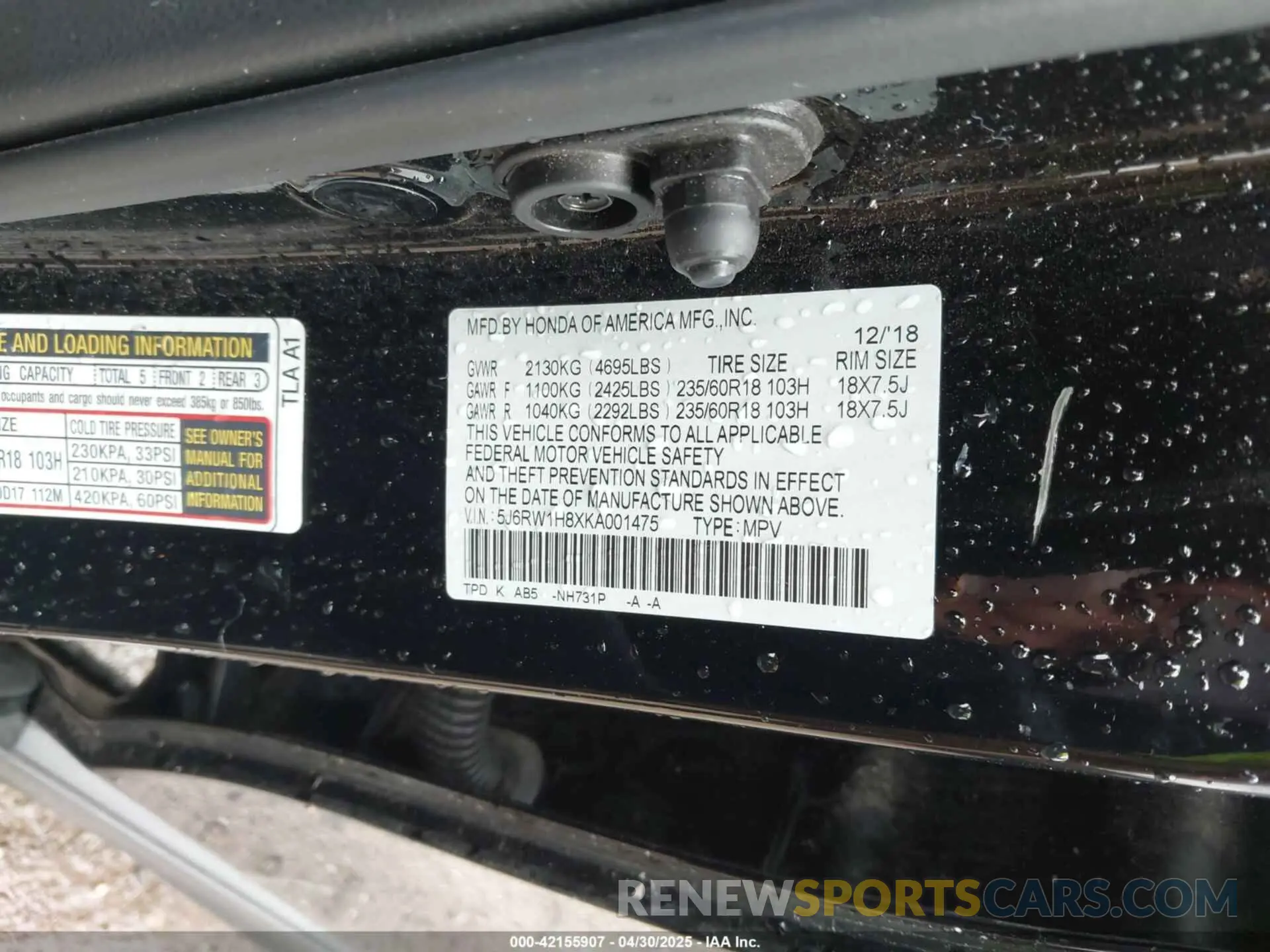 9 fotografías del automóvil dañado 5J6RW1H8XKA001475 HONDA CR-V 2019