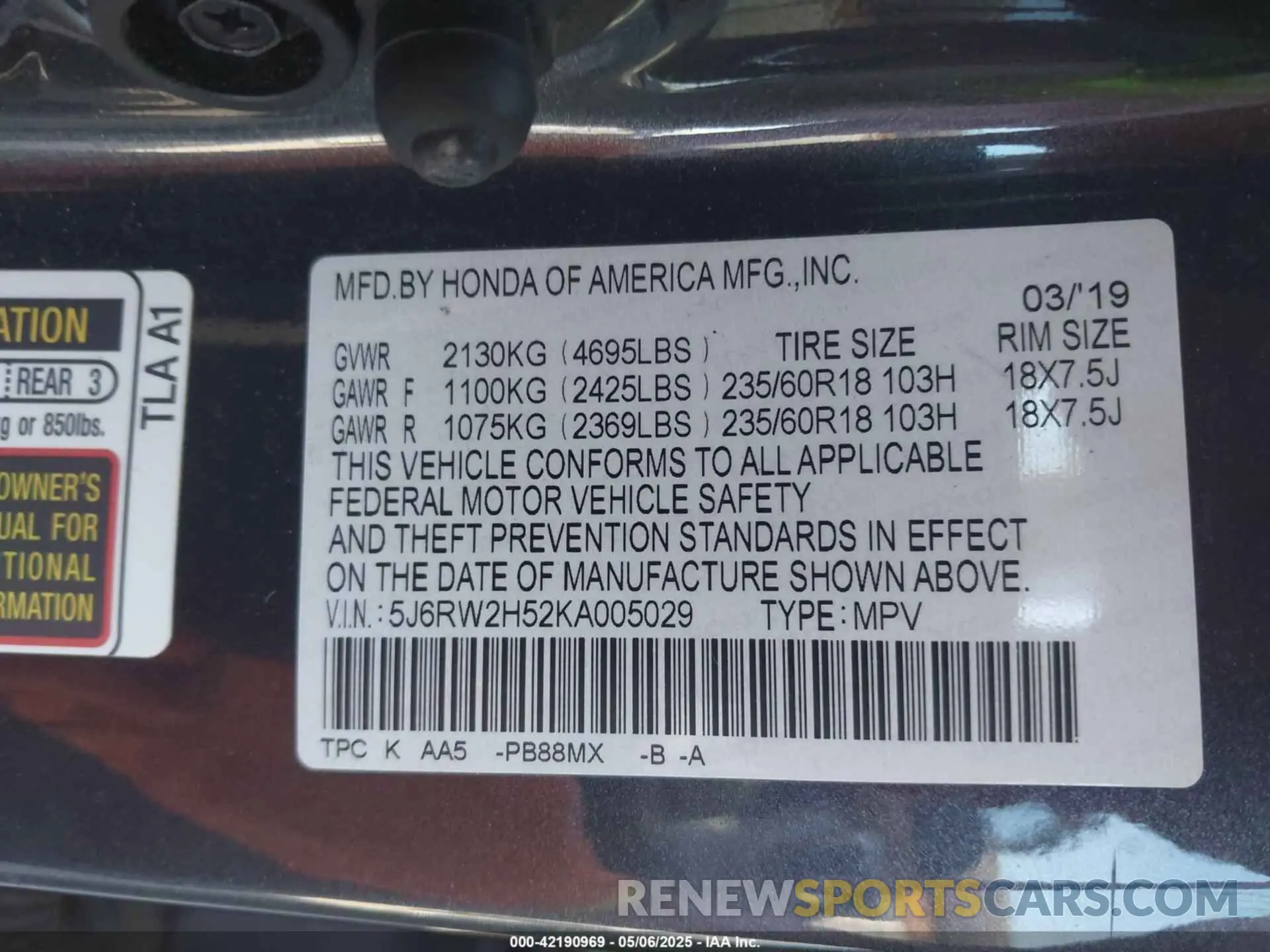 9 fotografías del automóvil dañado 5J6RW2H52KA005029 HONDA CR-V 2019