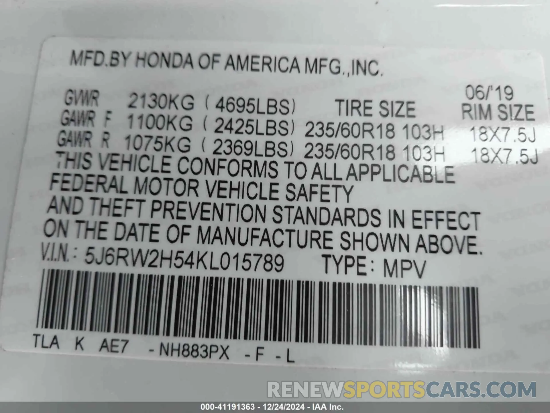 9 fotografías del automóvil dañado 5J6RW2H54KL015789 HONDA CR-V 2019