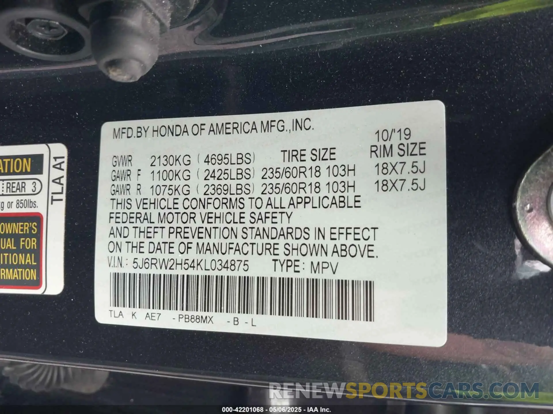 9 fotografías del automóvil dañado 5J6RW2H54KL034875 HONDA CR-V 2019