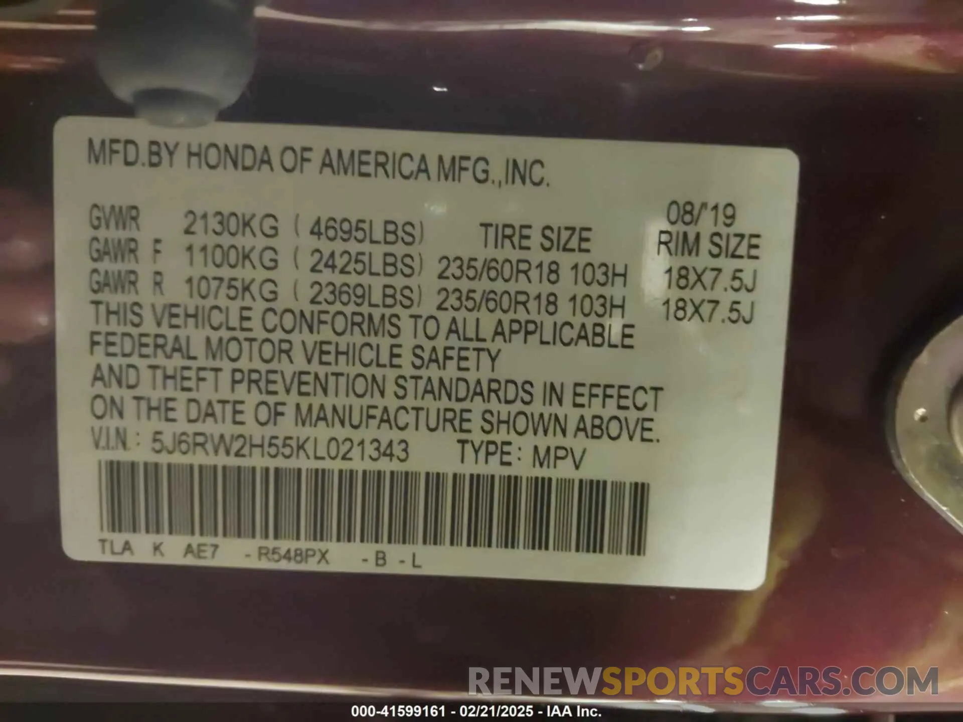 9 fotografías del automóvil dañado 5J6RW2H55KL021343 HONDA CR-V 2019