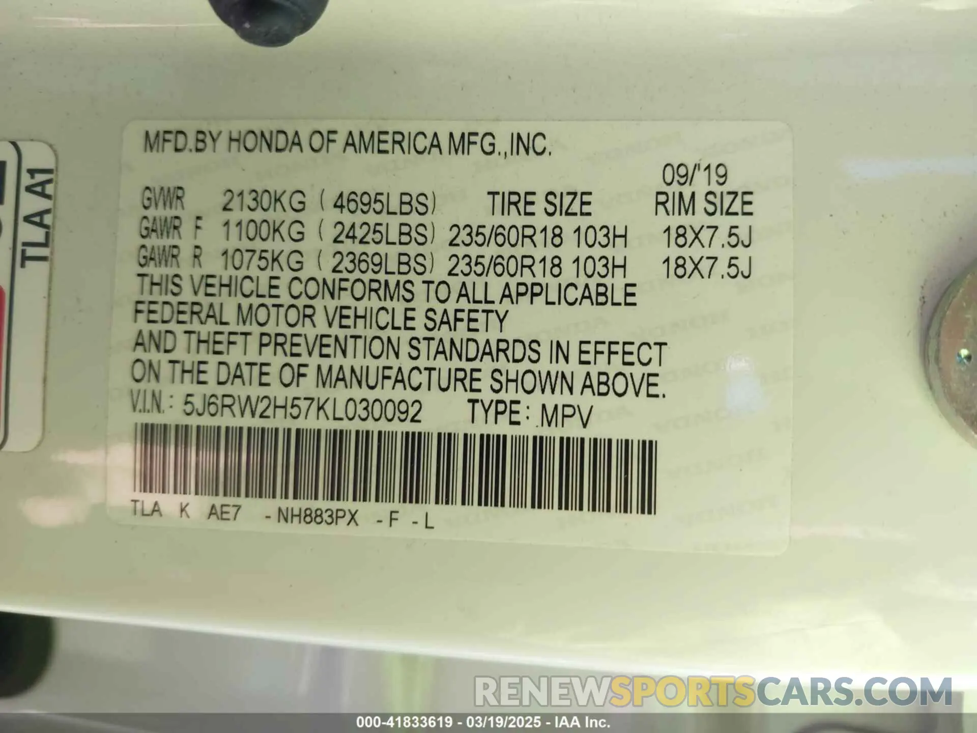 9 fotografías del automóvil dañado 5J6RW2H57KL030092 HONDA CR-V 2019
