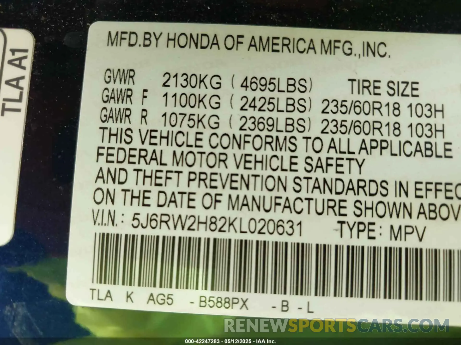 9 fotografías del automóvil dañado 5J6RW2H82KL020631 HONDA CR-V 2019