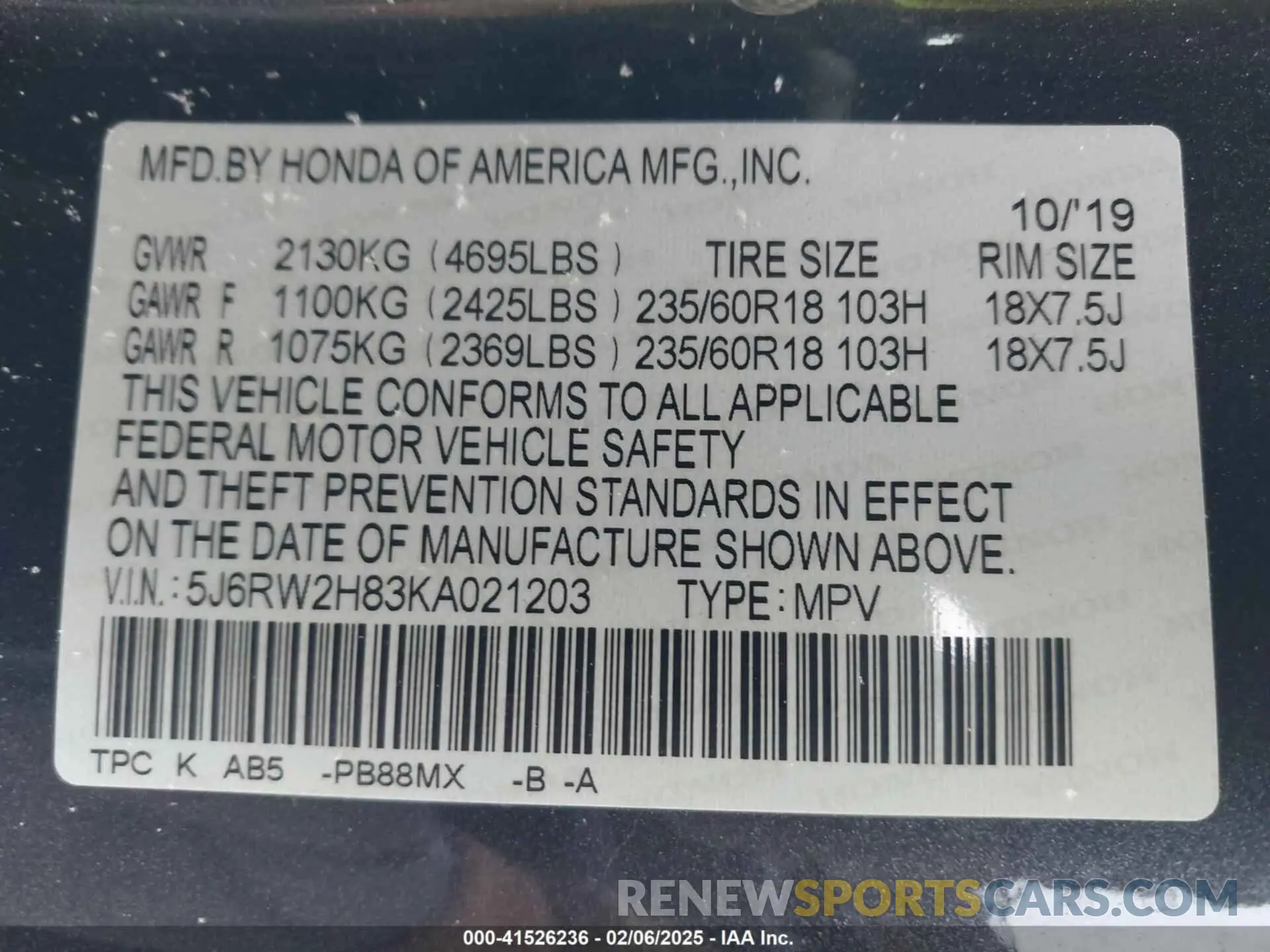 9 fotografías del automóvil dañado 5J6RW2H83KA021203 HONDA CR-V 2019