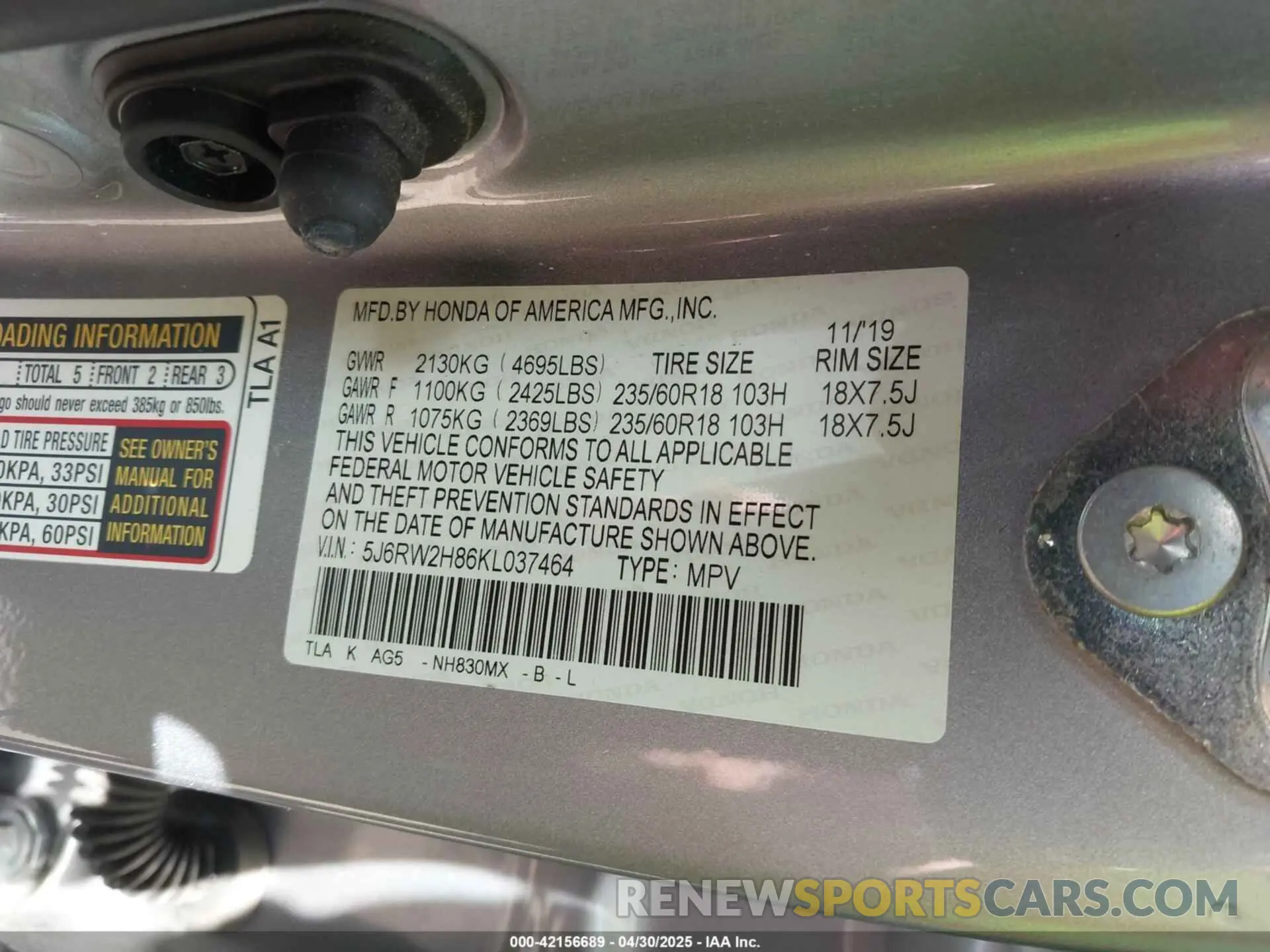 9 fotografías del automóvil dañado 5J6RW2H86KL037464 HONDA CR-V 2019