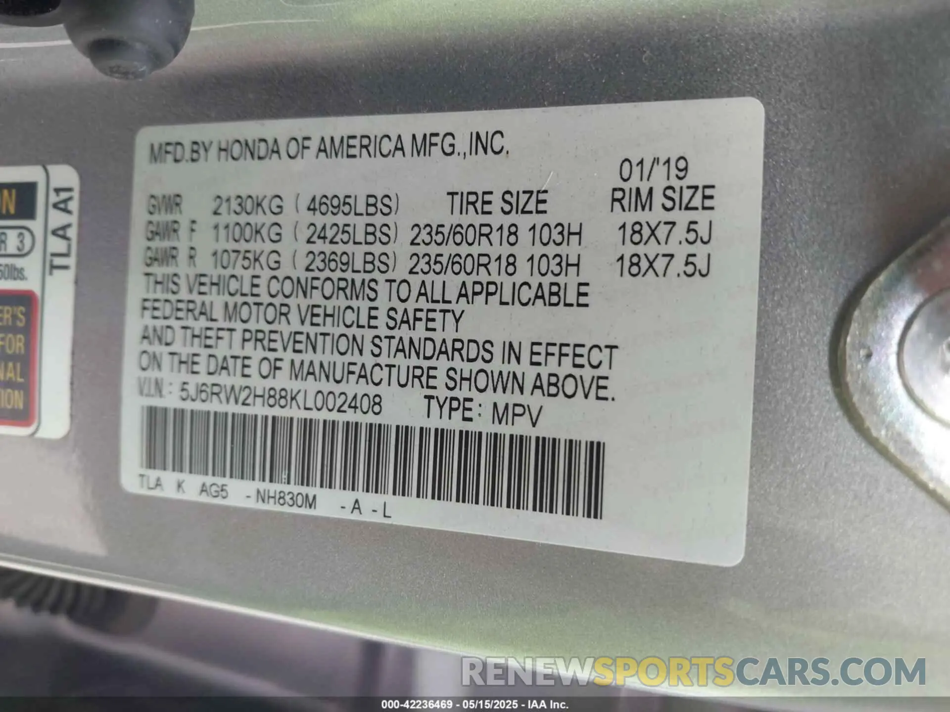 9 fotografías del automóvil dañado 5J6RW2H88KL002408 HONDA CR-V 2019