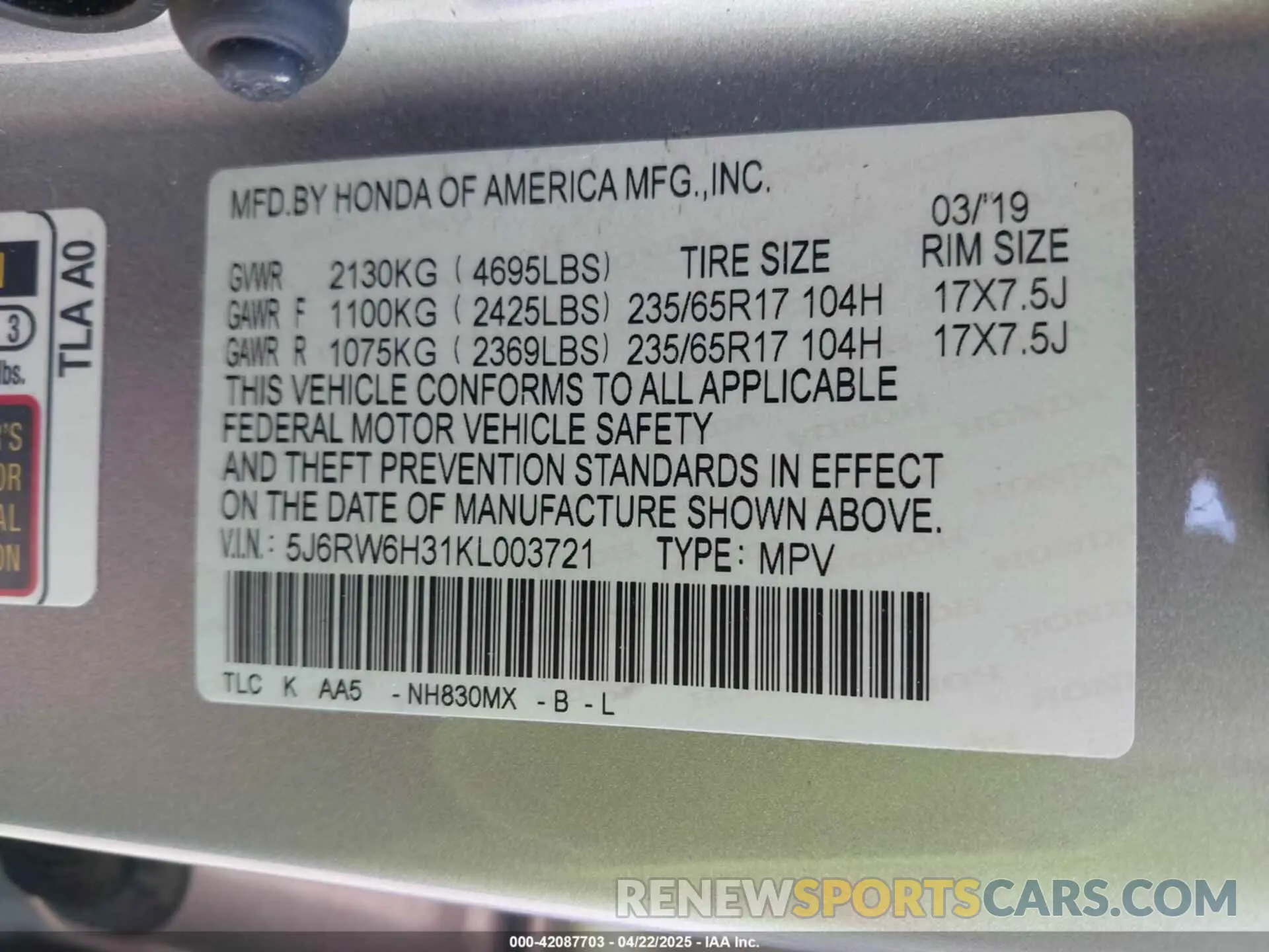 9 fotografías del automóvil dañado 5J6RW6H31KL003721 HONDA CR-V 2019