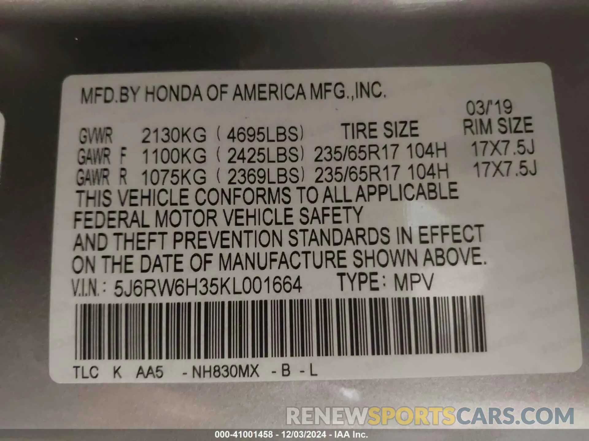 9 fotografías del automóvil dañado 5J6RW6H35KL001664 HONDA CR-V 2019