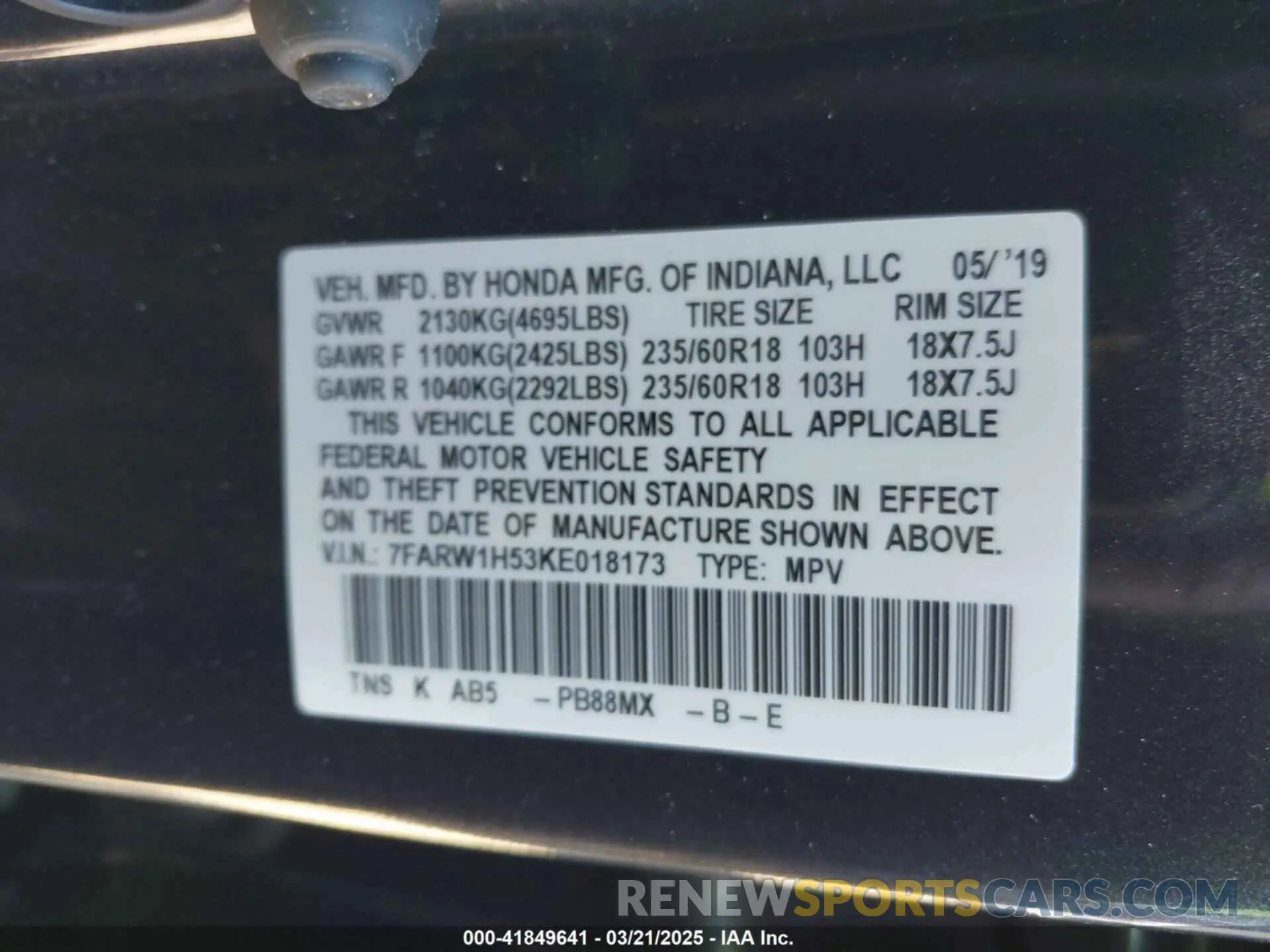 9 fotografías del automóvil dañado 7FARW1H53KE018173 HONDA CR-V 2019