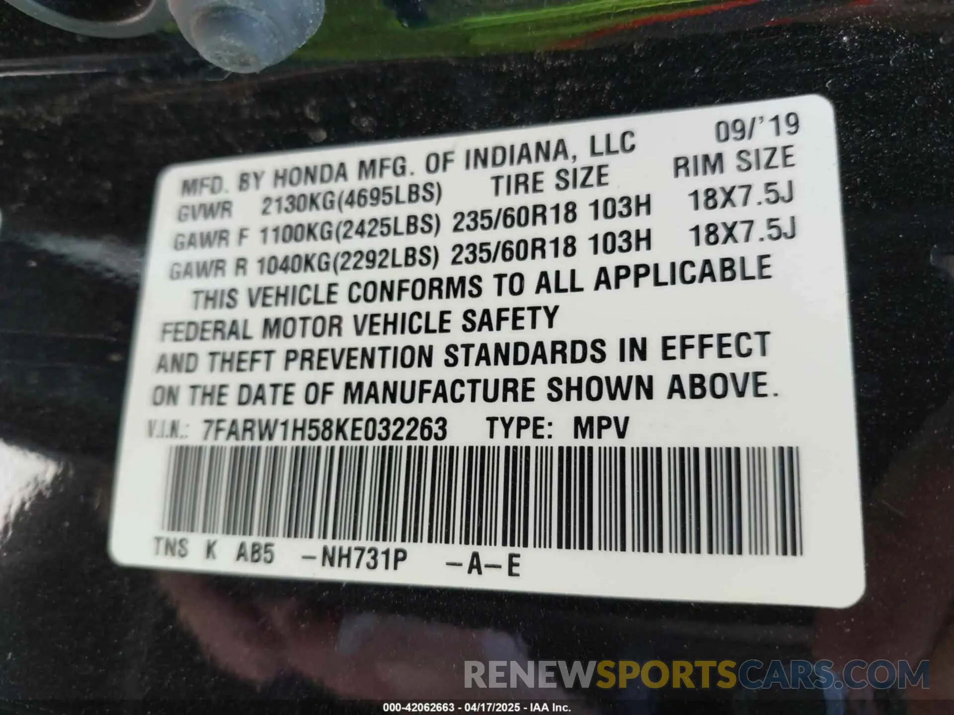 9 fotografías del automóvil dañado 7FARW1H58KE032263 HONDA CR-V 2019