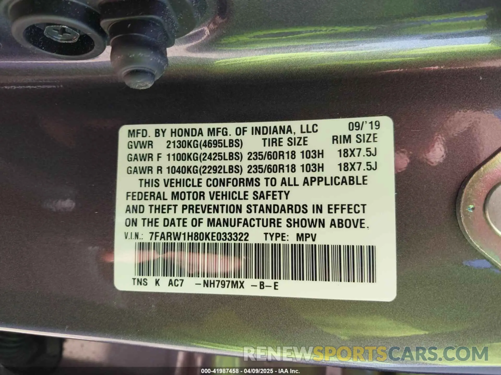 9 fotografías del automóvil dañado 7FARW1H80KE033322 HONDA CR-V 2019