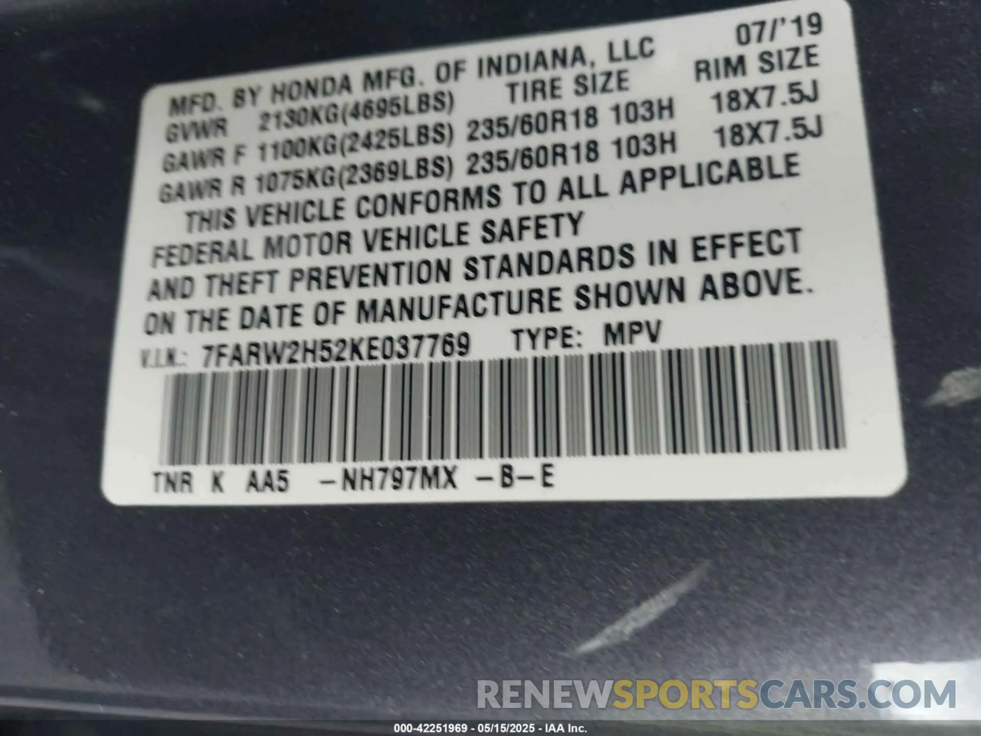 9 fotografías del automóvil dañado 7FARW2H52KE037769 HONDA CR-V 2019