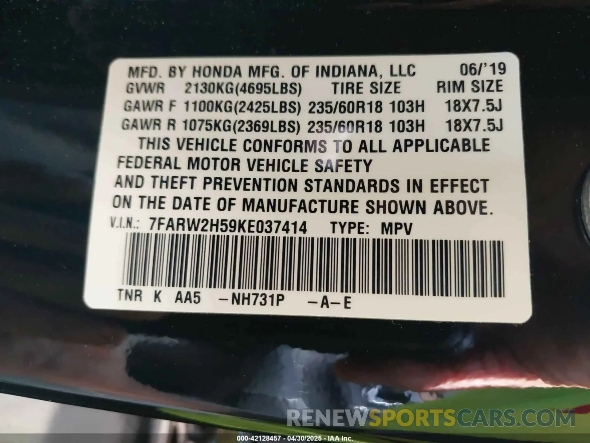 9 fotografías del automóvil dañado 7FARW2H59KE037414 HONDA CR-V 2019