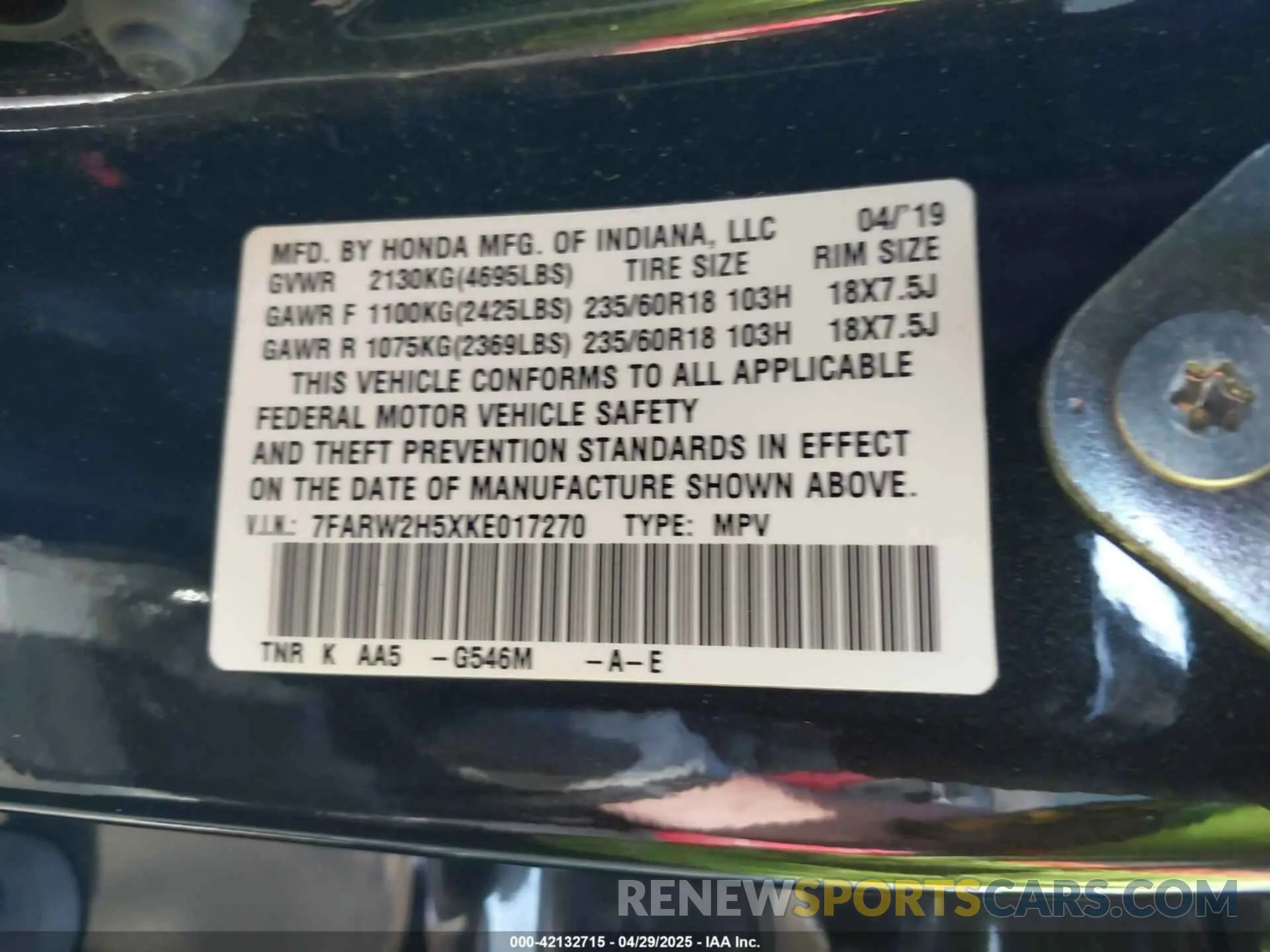 9 fotografías del automóvil dañado 7FARW2H5XKE017270 HONDA CR-V 2019