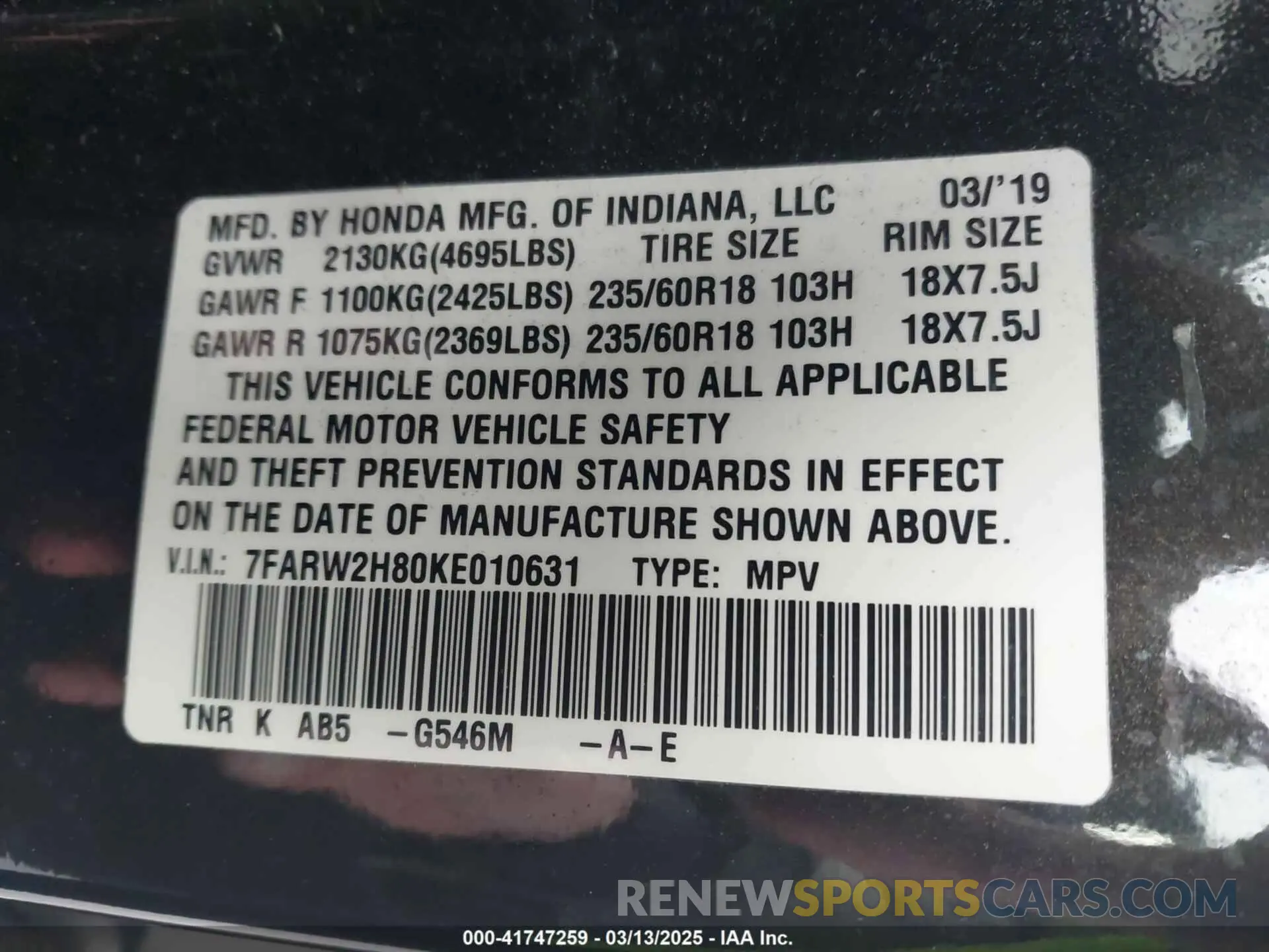 9 fotografías del automóvil dañado 7FARW2H80KE010631 HONDA CR-V 2019