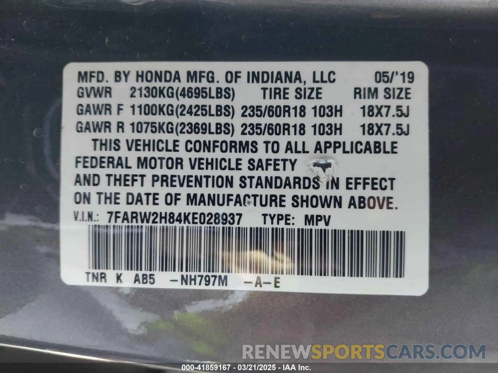 9 fotografías del automóvil dañado 7FARW2H84KE028937 HONDA CR-V 2019
