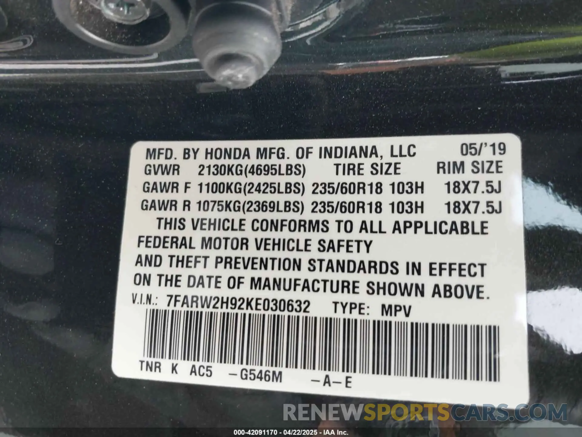 9 fotografías del automóvil dañado 7FARW2H92KE030632 HONDA CR-V 2019