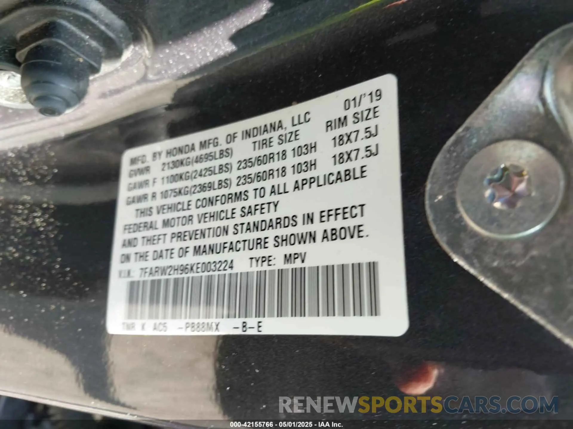 9 fotografías del automóvil dañado 7FARW2H96KE003224 HONDA CR-V 2019