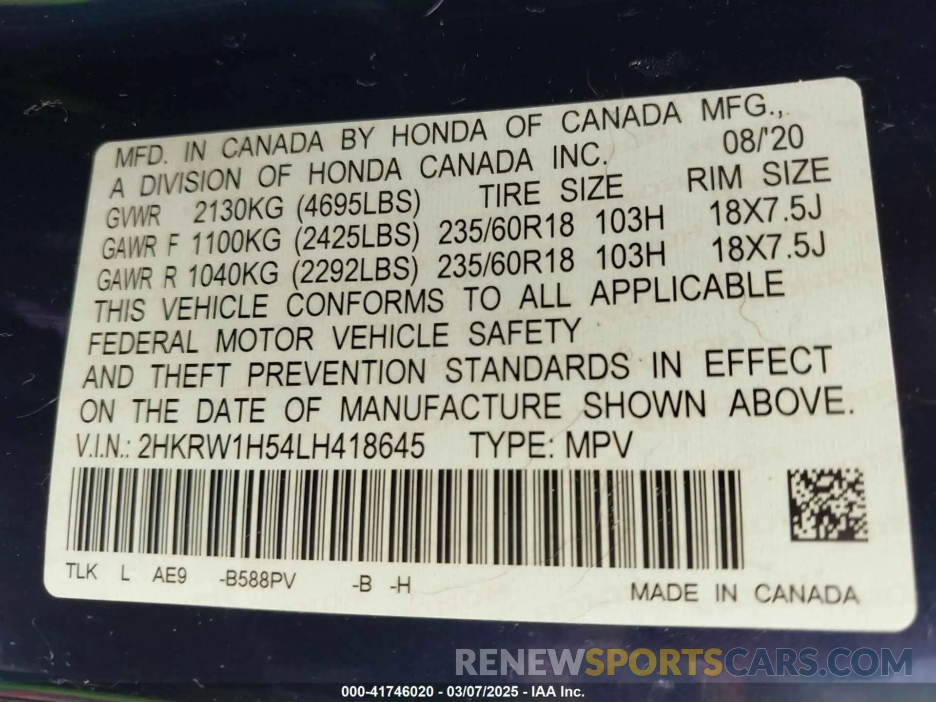 9 fotografías del automóvil dañado 2HKRW1H54LH418645 HONDA CR-V 2020