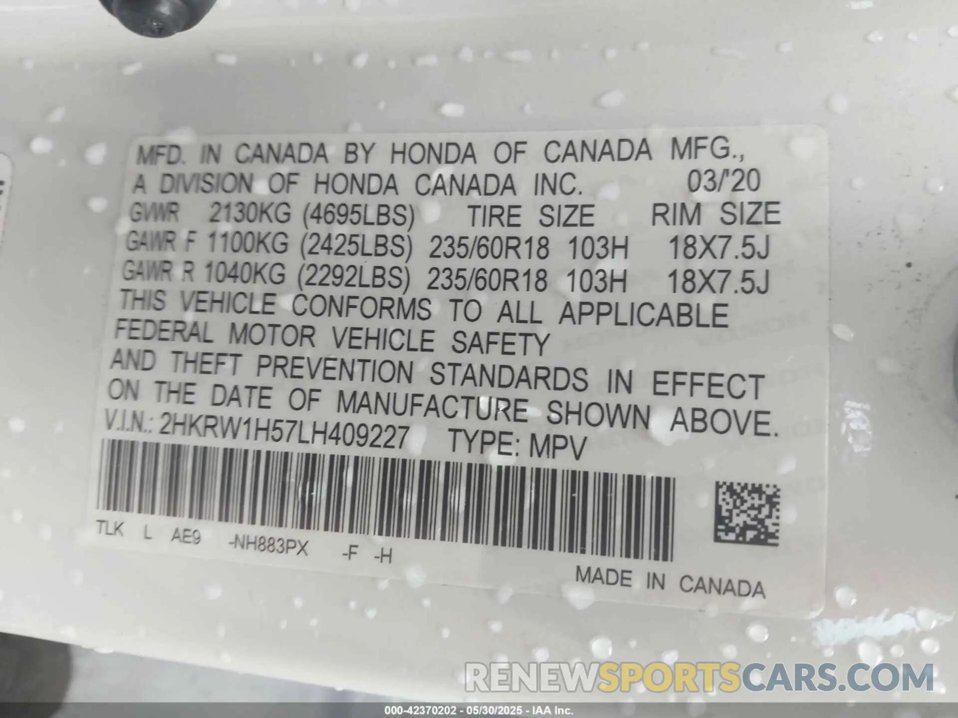 9 fotografías del automóvil dañado 2HKRW1H57LH409227 HONDA CR-V 2020