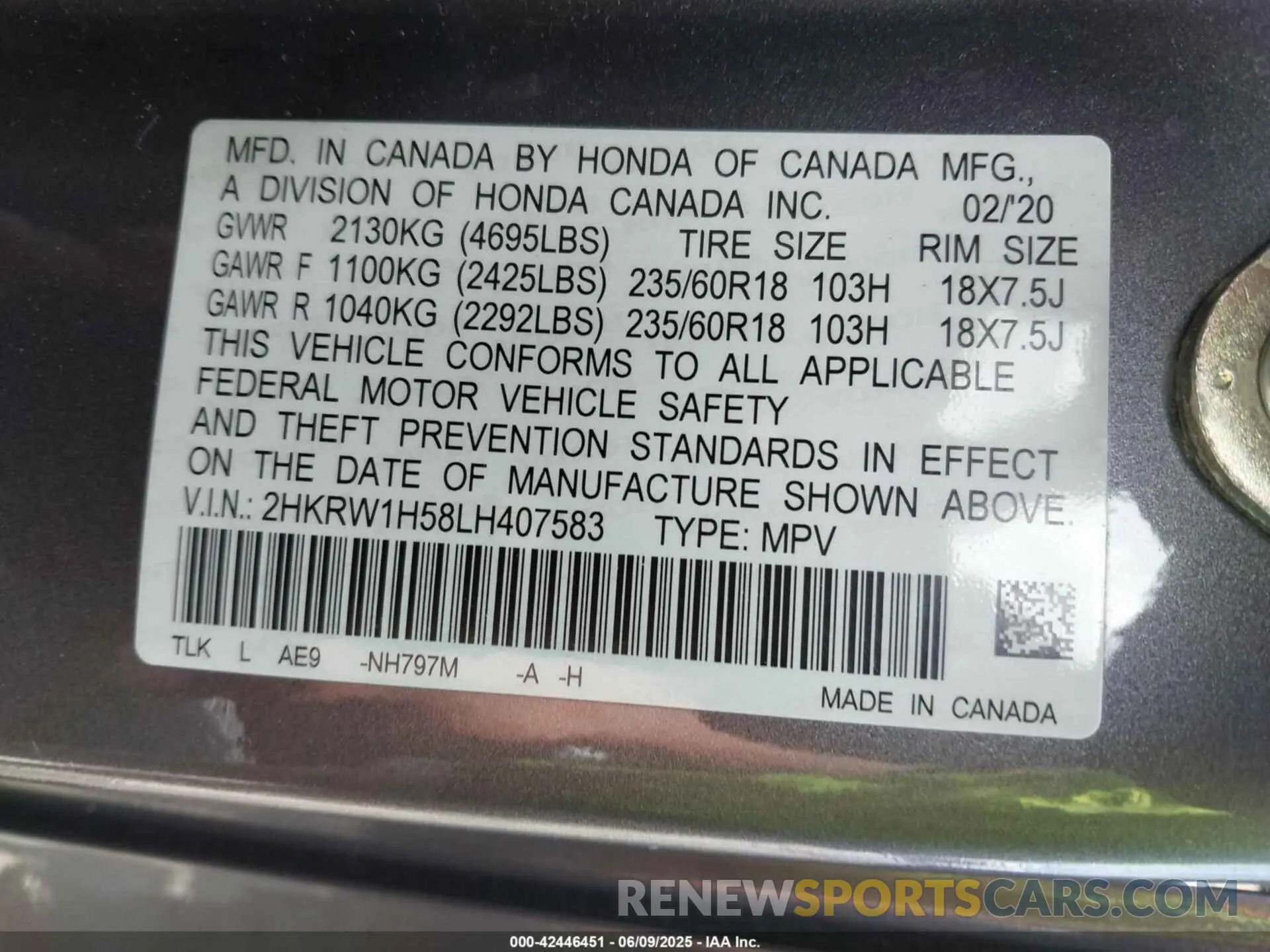 9 fotografías del automóvil dañado 2HKRW1H58LH407583 HONDA CR-V 2020