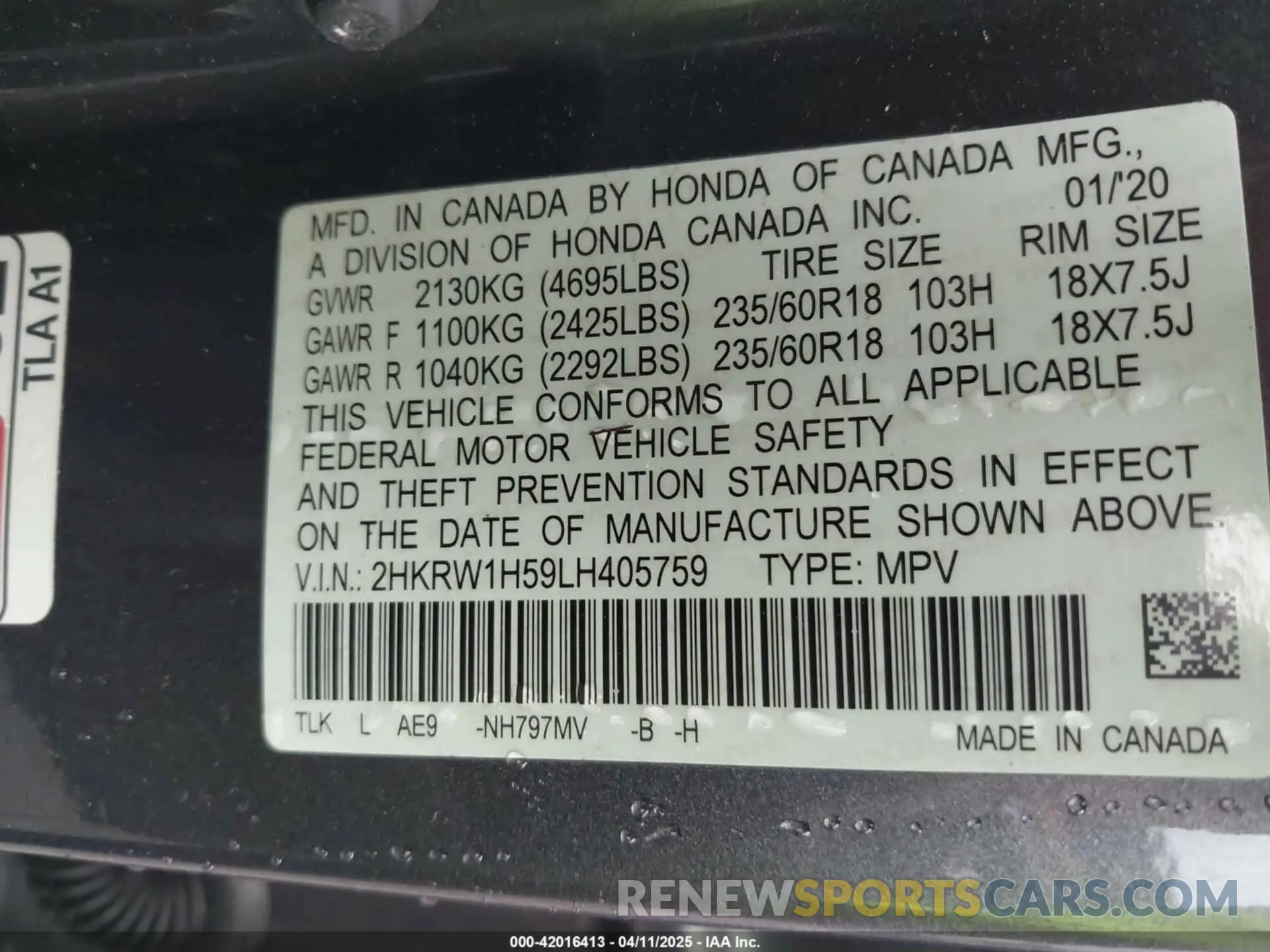 9 fotografías del automóvil dañado 2HKRW1H59LH405759 HONDA CR-V 2020