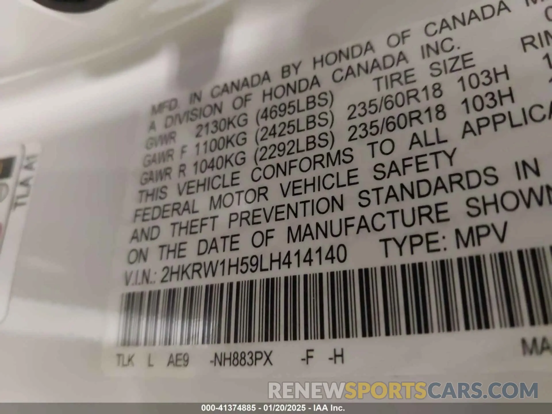 9 fotografías del automóvil dañado 2HKRW1H59LH414140 HONDA CR-V 2020
