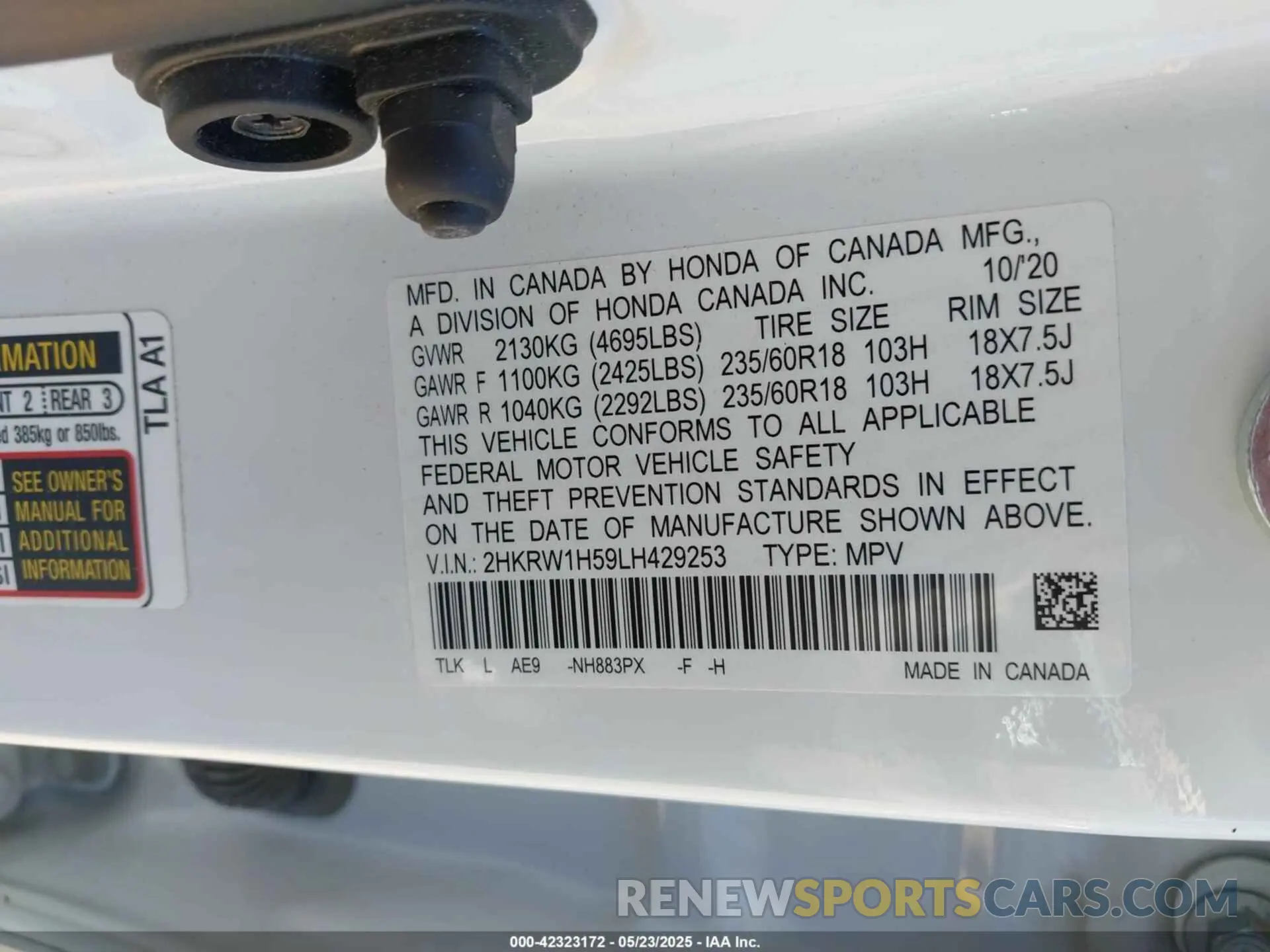 9 fotografías del automóvil dañado 2HKRW1H59LH429253 HONDA CR-V 2020