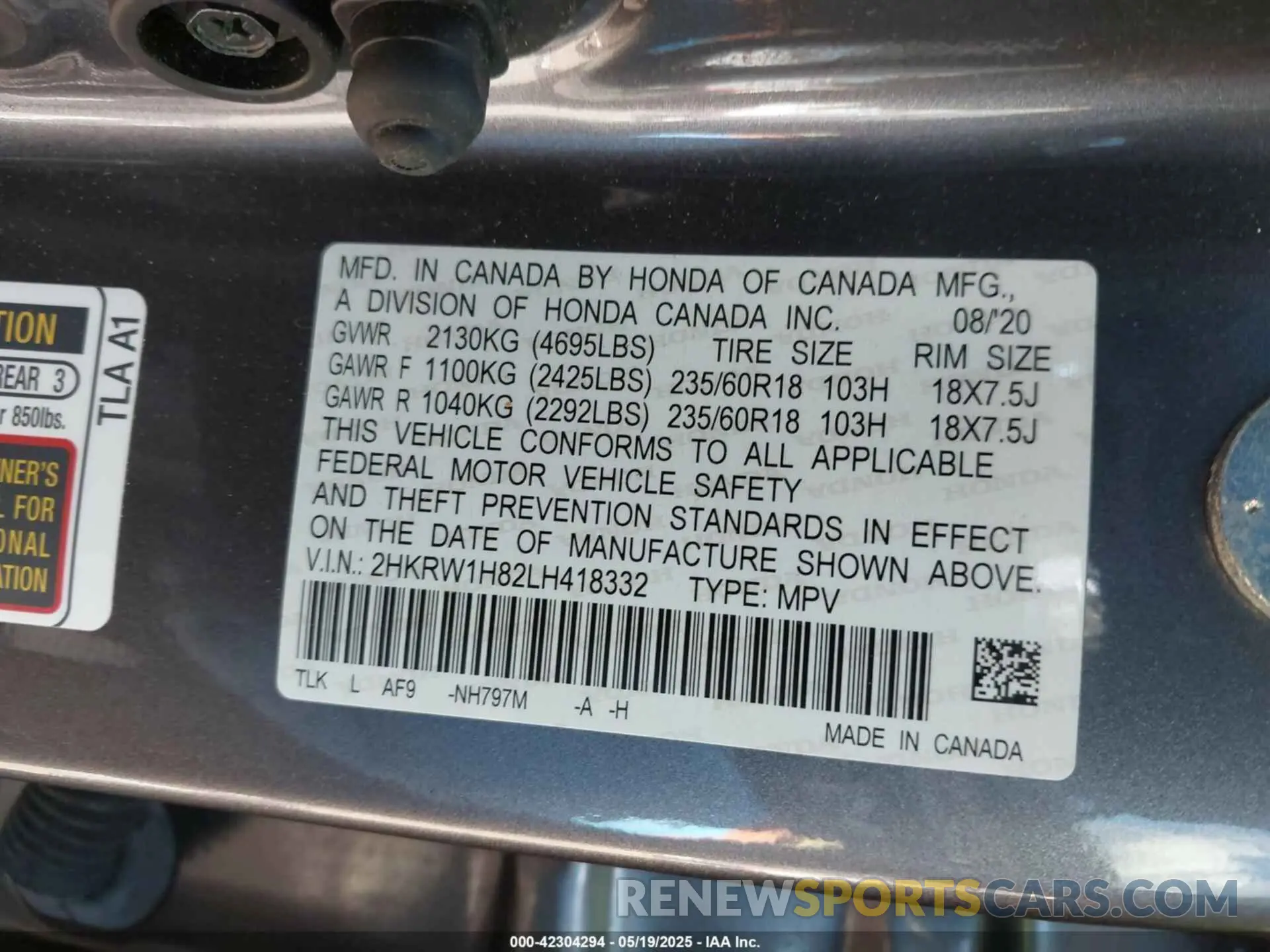 9 fotografías del automóvil dañado 2HKRW1H82LH418332 HONDA CR-V 2020