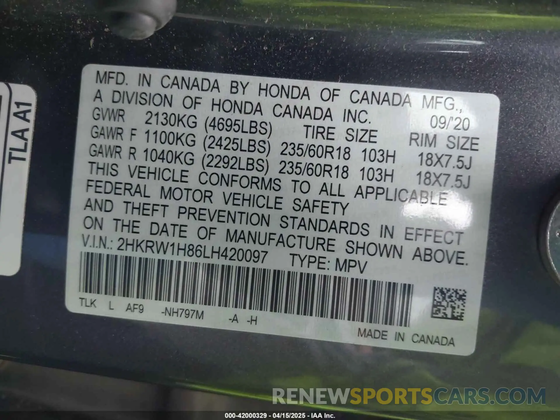 9 fotografías del automóvil dañado 2HKRW1H86LH420097 HONDA CR-V 2020