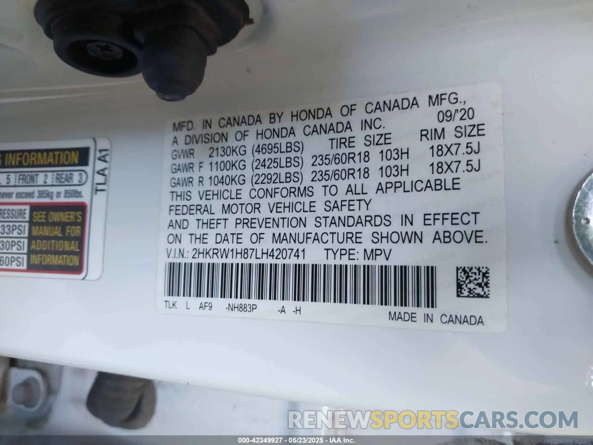 9 fotografías del automóvil dañado 2HKRW1H87LH420741 HONDA CR-V 2020