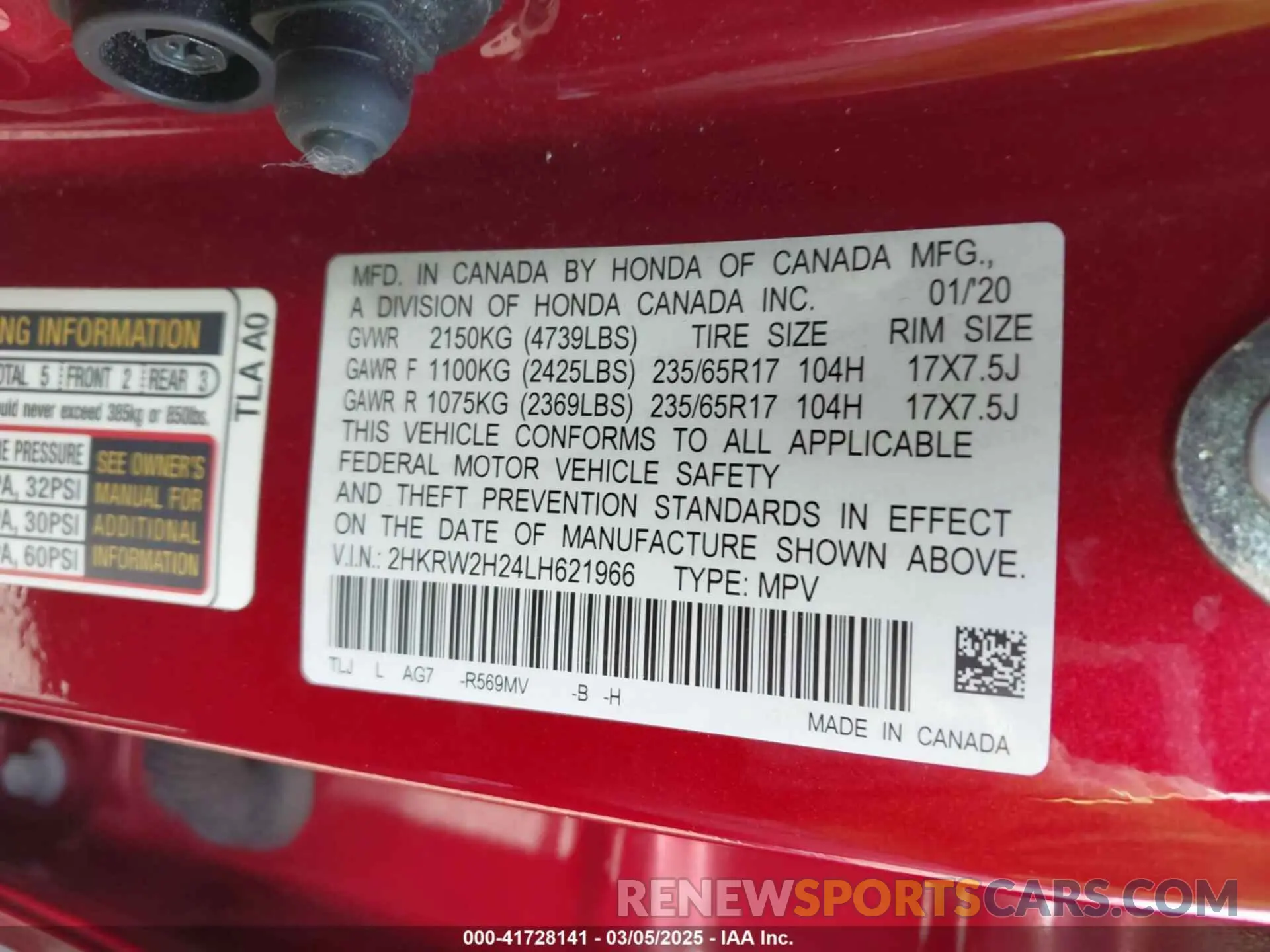 9 fotografías del automóvil dañado 2HKRW2H24LH621966 HONDA CR-V 2020