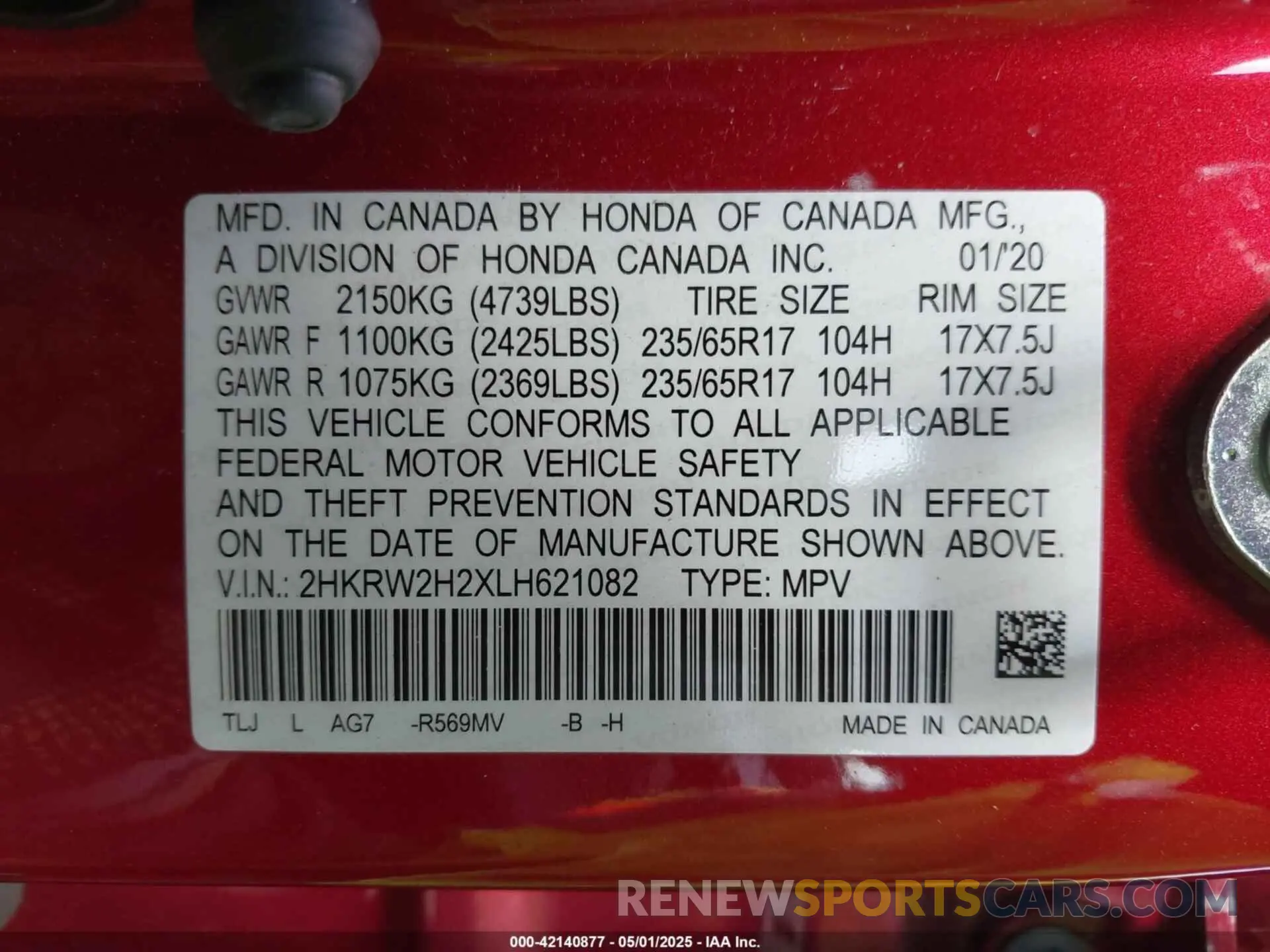 9 fotografías del automóvil dañado 2HKRW2H2XLH621082 HONDA CR-V 2020