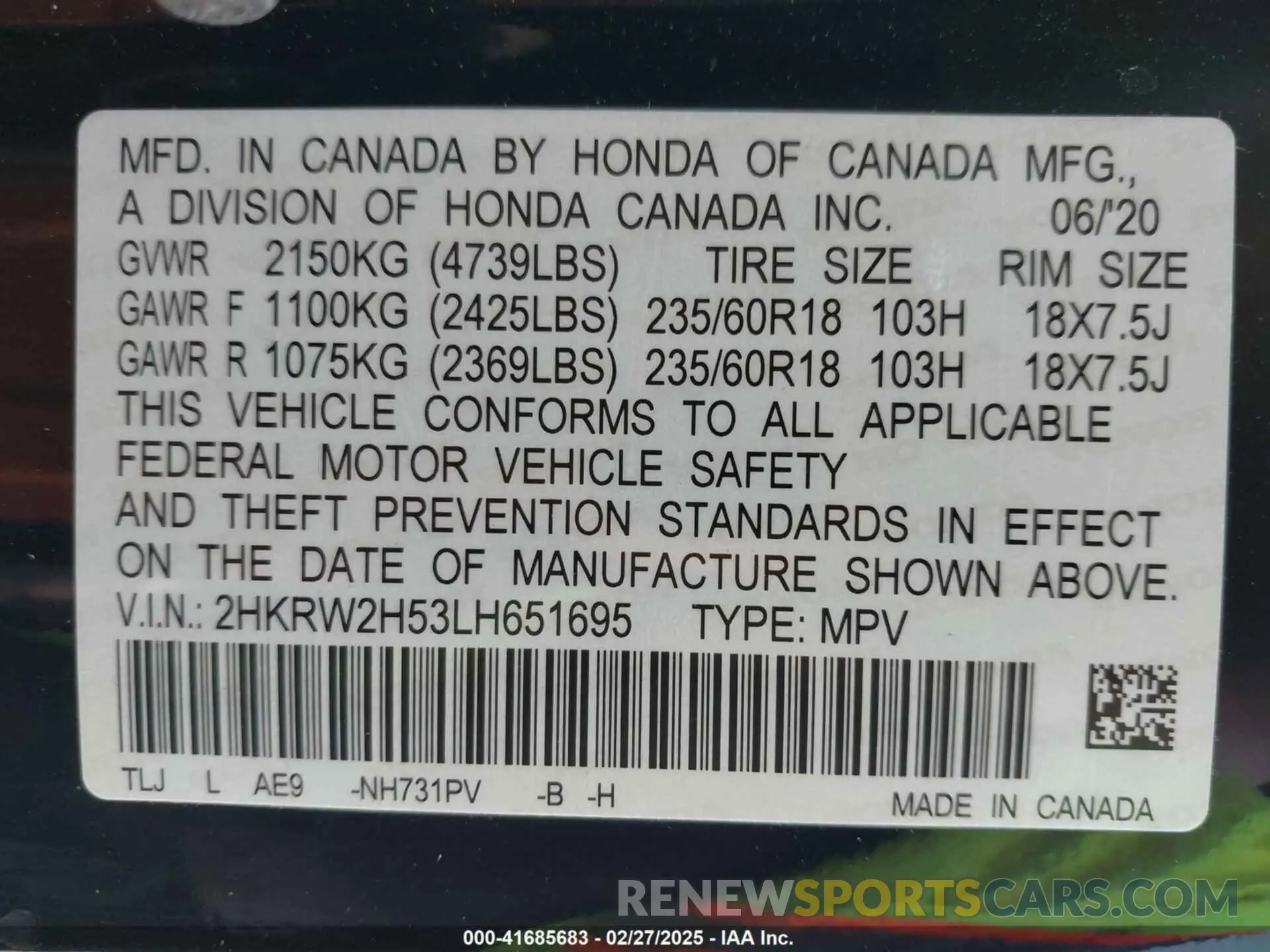 9 fotografías del automóvil dañado 2HKRW2H53LH651695 HONDA CR-V 2020