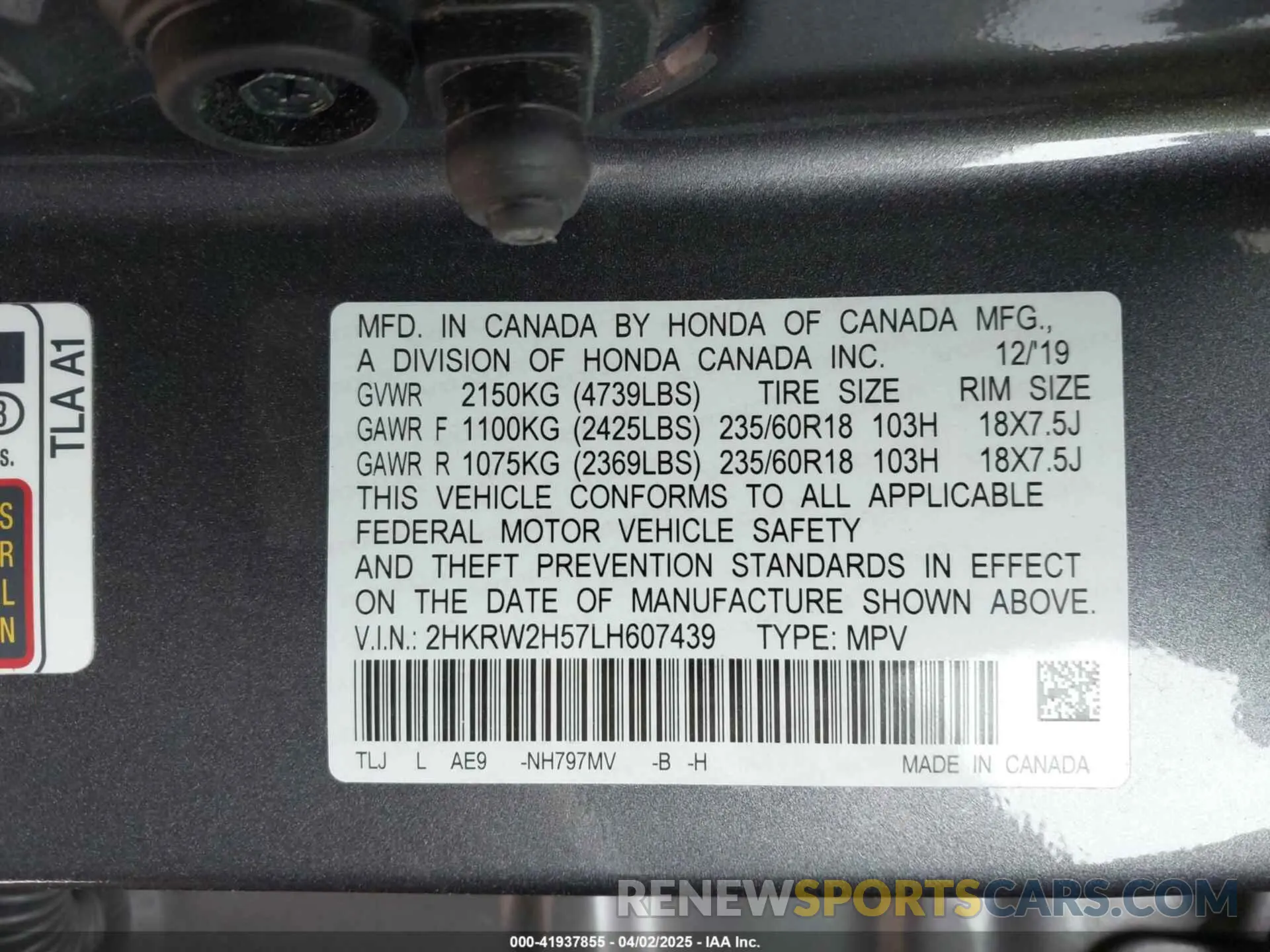 9 fotografías del automóvil dañado 2HKRW2H57LH607439 HONDA CR-V 2020