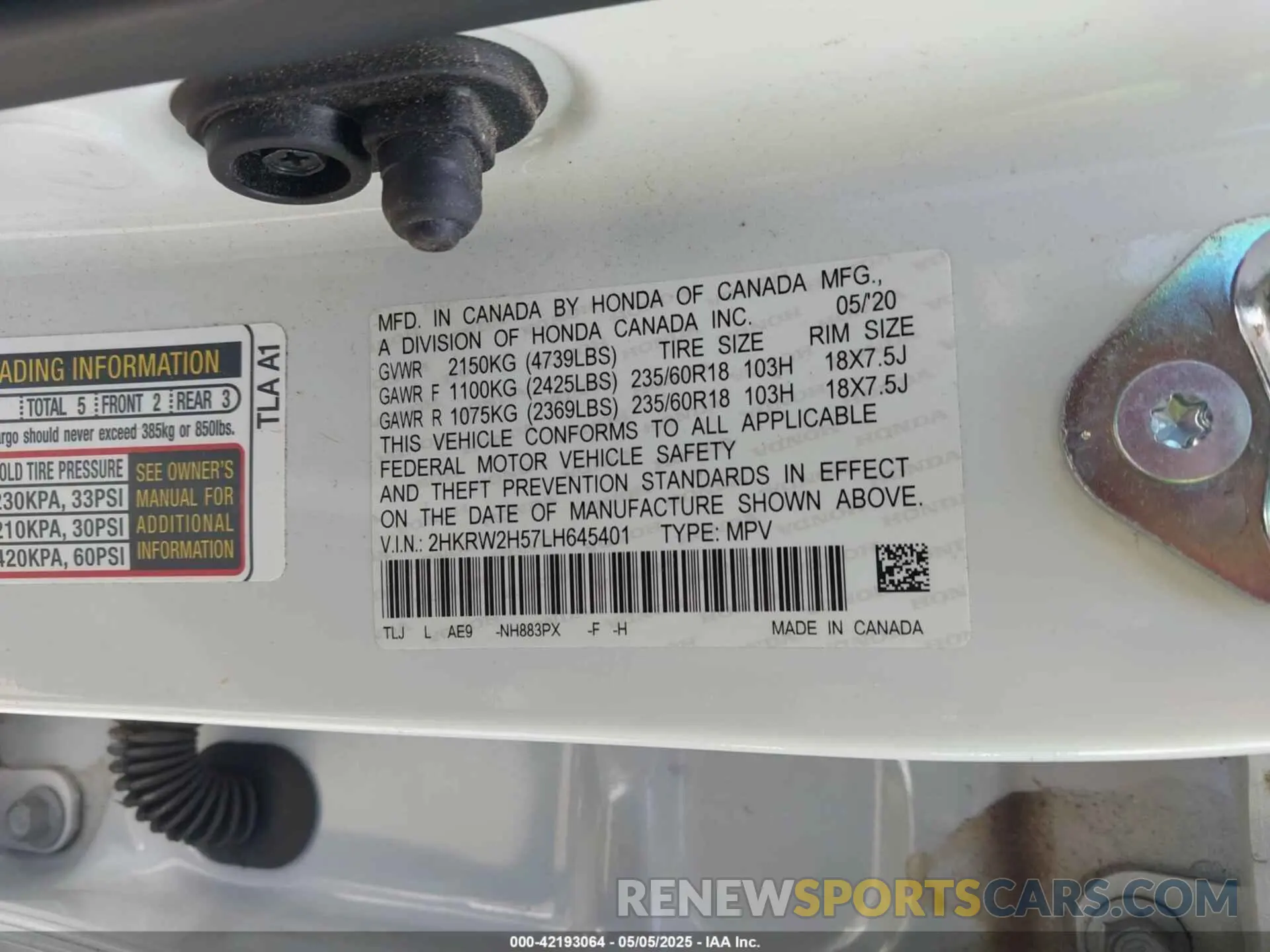 9 fotografías del automóvil dañado 2HKRW2H57LH645401 HONDA CR-V 2020
