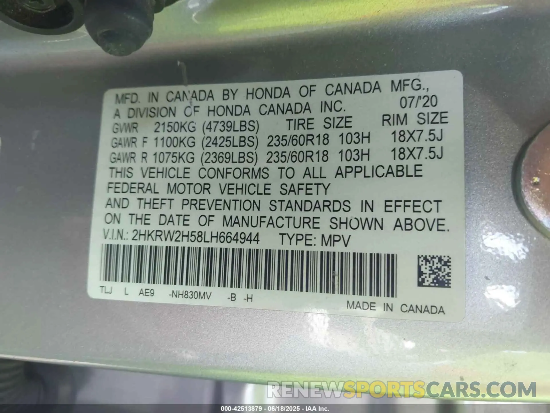 9 fotografías del automóvil dañado 2HKRW2H58LH664944 HONDA CR-V 2020
