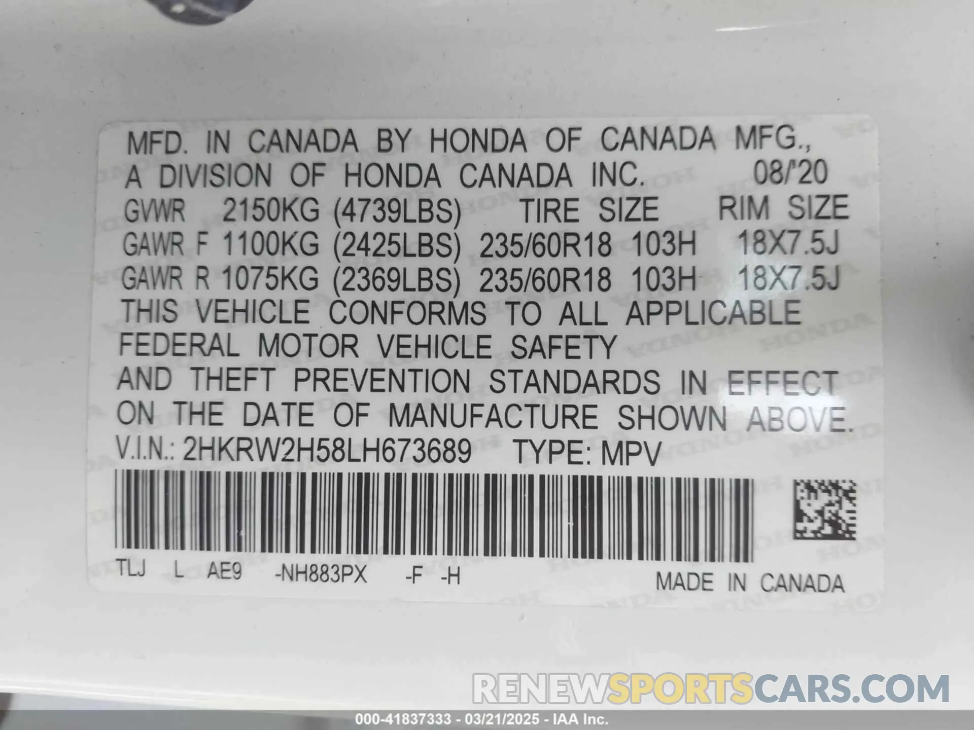 9 fotografías del automóvil dañado 2HKRW2H58LH673689 HONDA CR-V 2020