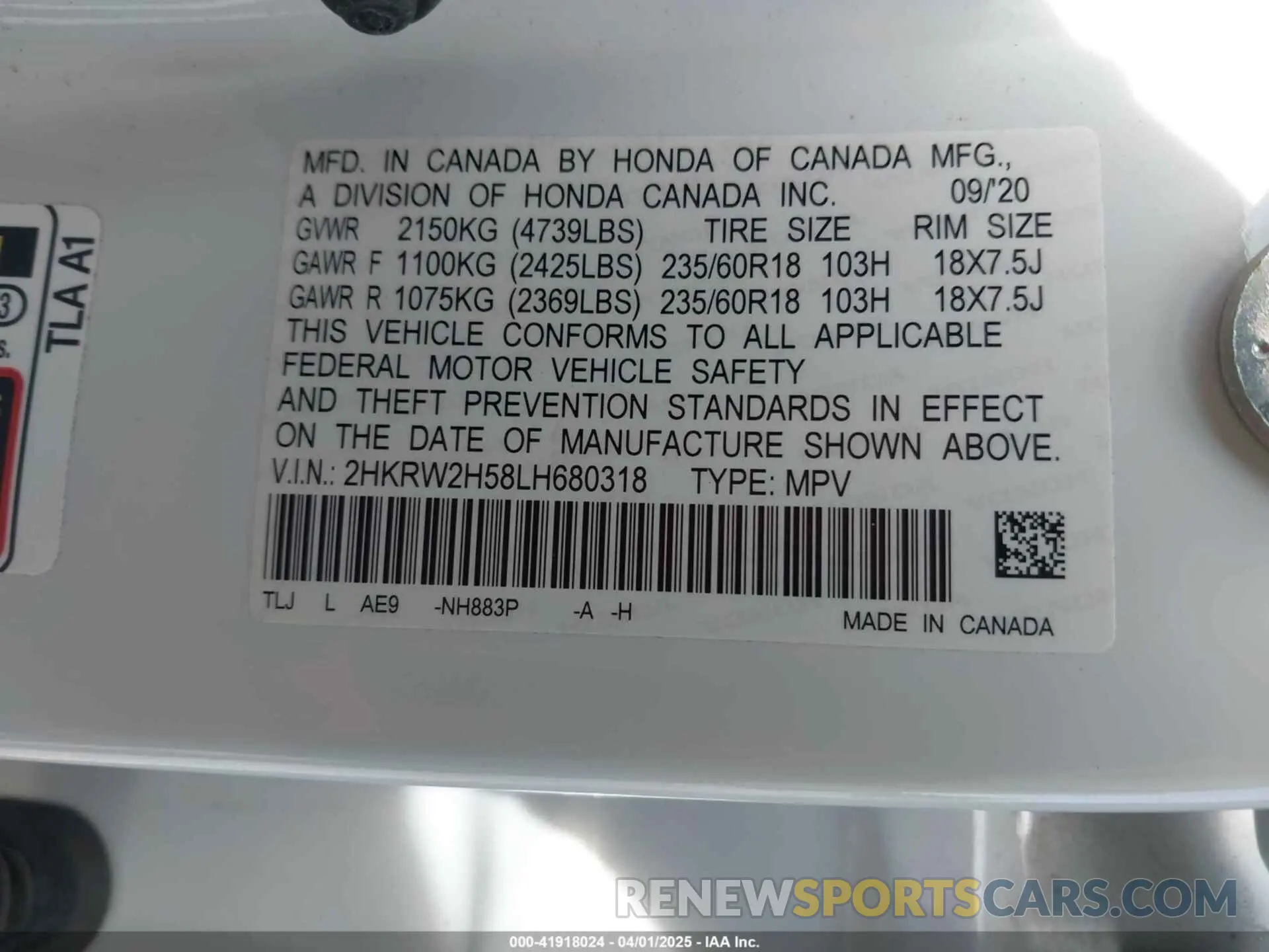 9 fotografías del automóvil dañado 2HKRW2H58LH680318 HONDA CR-V 2020