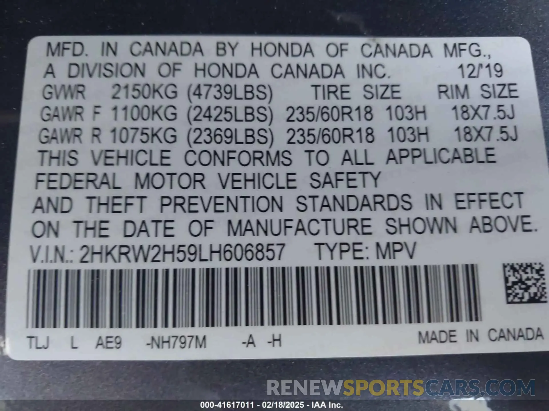 9 fotografías del automóvil dañado 2HKRW2H59LH606857 HONDA CR-V 2020