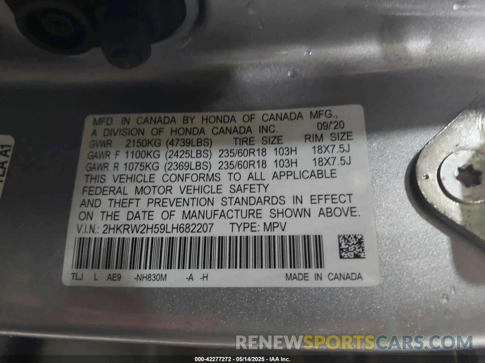 9 fotografías del automóvil dañado 2HKRW2H59LH682207 HONDA CR-V 2020